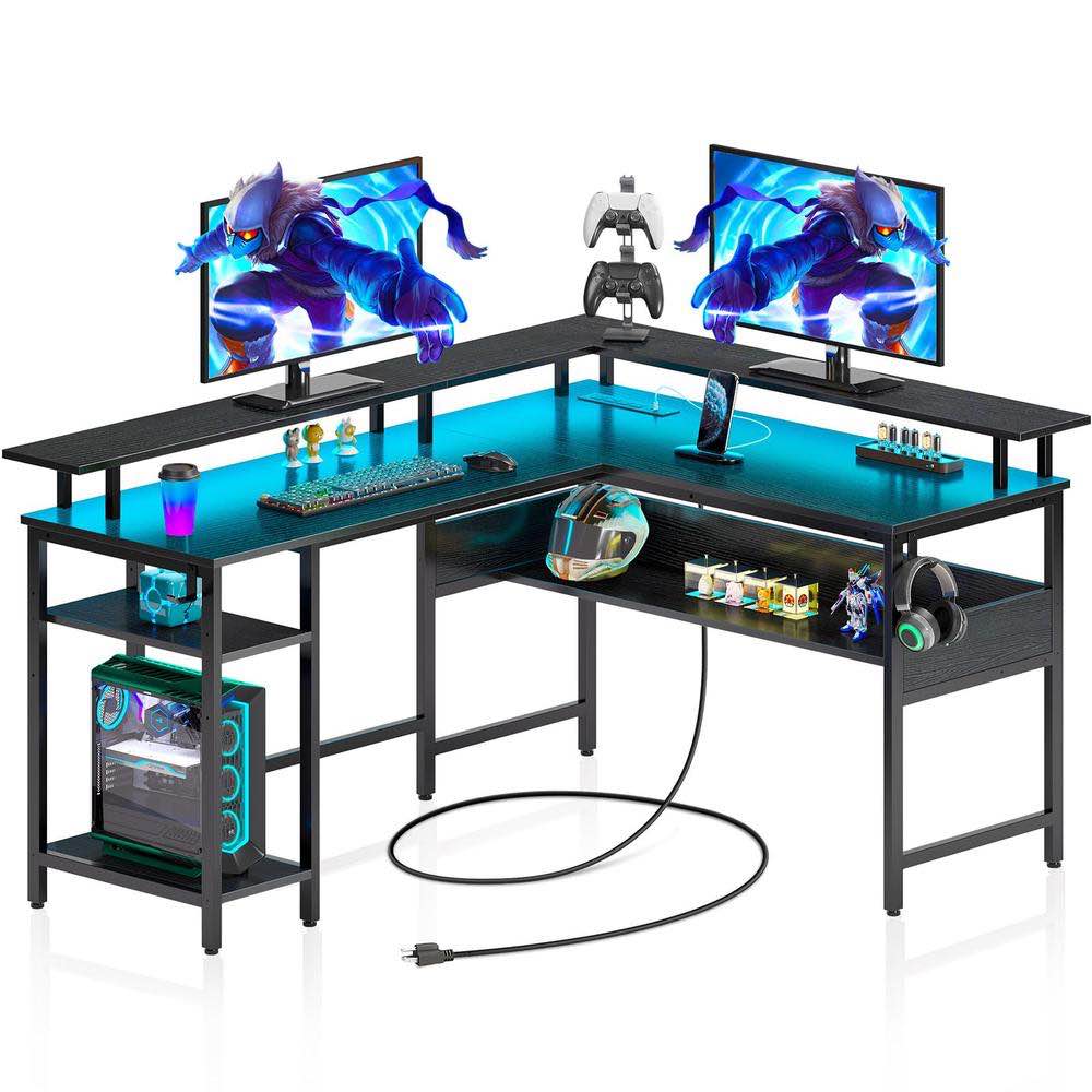 rolanstar computer desk l shaped 56.7" with led lights and power outlets, reversible l shaped gaming desk with monitor stand