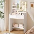 Makeup Vanity Desk, White (Square LED Mirror, Open Shelves)