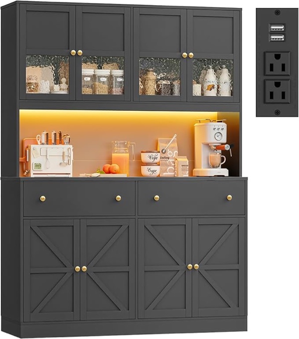71" Pantry Cabinet with LED Light and Charging Station, Farmhouse Kitchen Pantry Cabinet with Microwave Stand, 47.2" Wide Kitchen Hutch Food Pantry with Open Countertop, Black