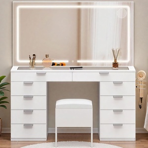 Makeup Vanity with LED Mirror and Charging Ports, 10-Drawer Vanity Set with Glass