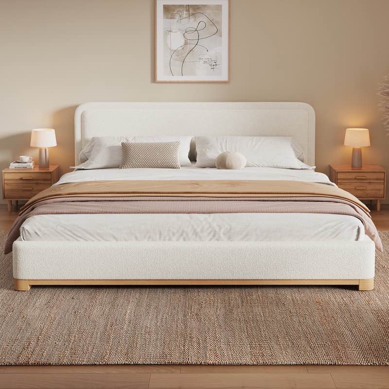 (incomplete box 1 of 2 only) anie linen upholstered platform bed with thick headboard & rubberwood frame