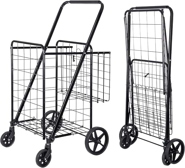 SUPER DEAL Folding Shopping Cart with Wheels and Double Basket for Groceries Laundry Book Luggage Travel, Black