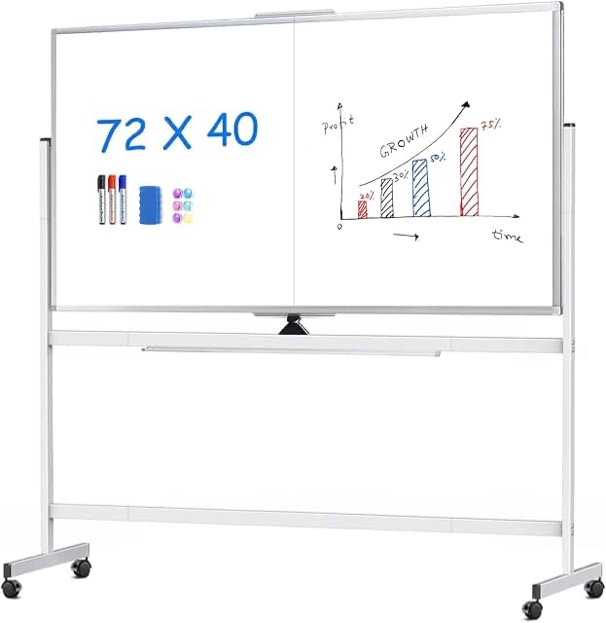 maxtek rolling whiteboard, 72x40 large double-sided white board dry erase on wheels, giant magnetic white board standing for office, school, home office, homeschool(72 x 40)