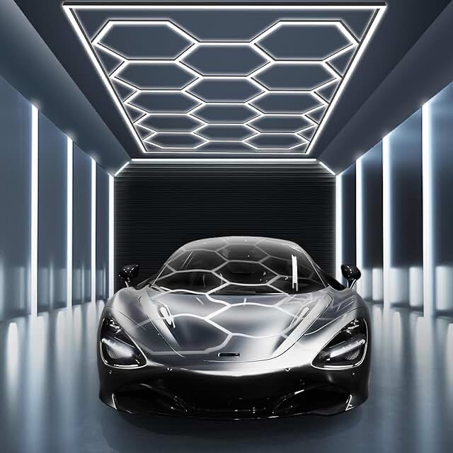 modern hexagon garage light: higher brightness 720w 86400 lumens hexagon led garage light with rectangle frame 6500k for garage, basement, warehouse, auto beauty shop, car detailing shop etc. …