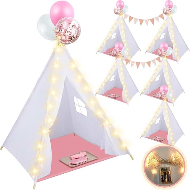 windyun 6 pack kids teepee tent bulk with light and inflatable airbed, natural cotton toddler play tent washable for girls boys indoor outdoor slumber party birthday gifts (white)