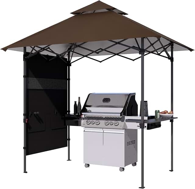 abccanopy 8x5 pop up grill gazebo - outdoor bbq canopy with shelf & sidewall, portable barbeque shelter with 2 magnetic led lights, carry bag for patio garden events picnic grilling, brown