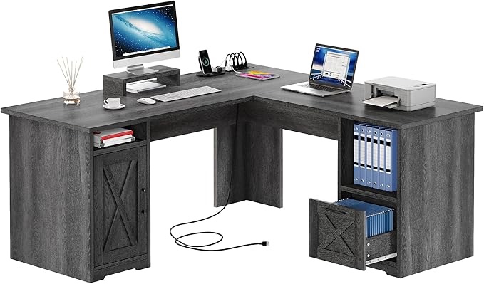 yitahome l shaped desk with power outlets, 60 inch computer desk corner desk with file drawer, home office desk with monitor stand & storage shelves, l-shaped desk with file cabinet