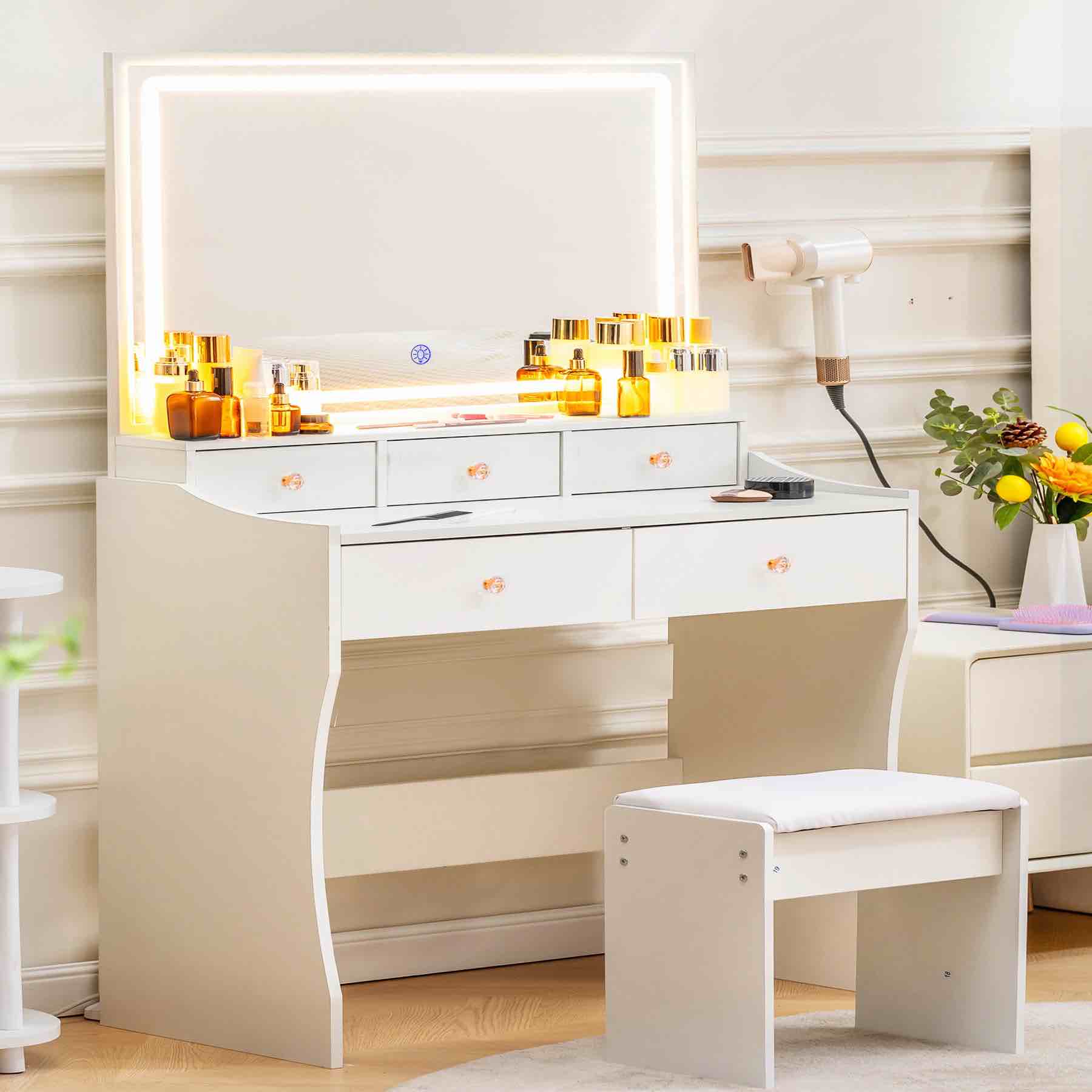 comhoma makeup vanity table and chair set with 5 drawers and charging station, mirror and lights included b200