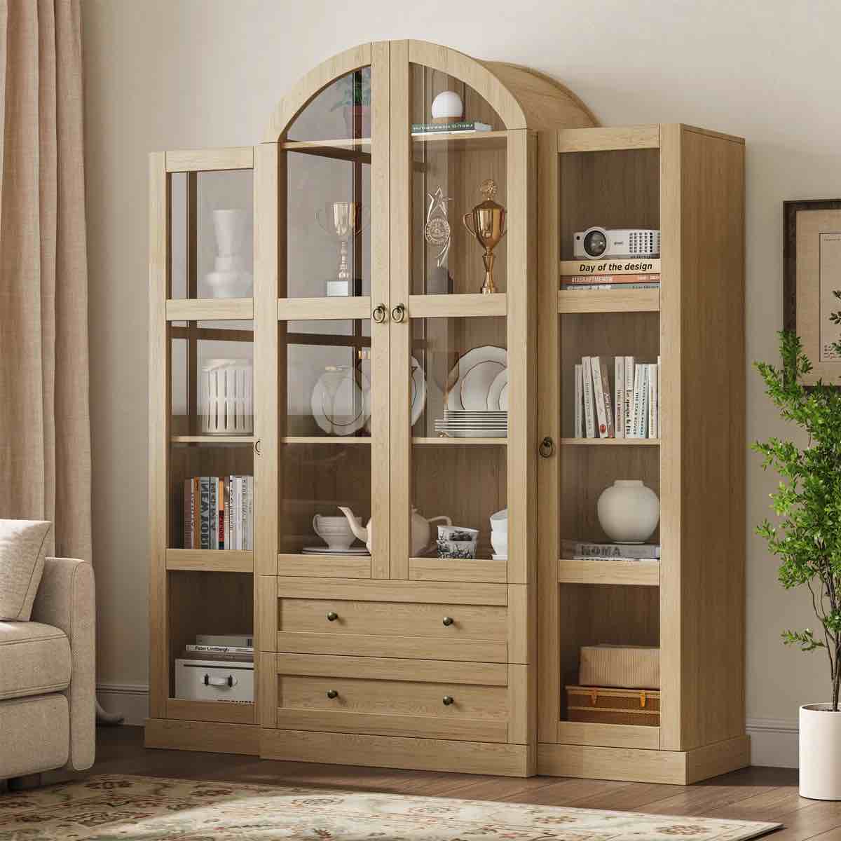 72.4" tall arched storage cabinet with glass doors and adjustable shelves