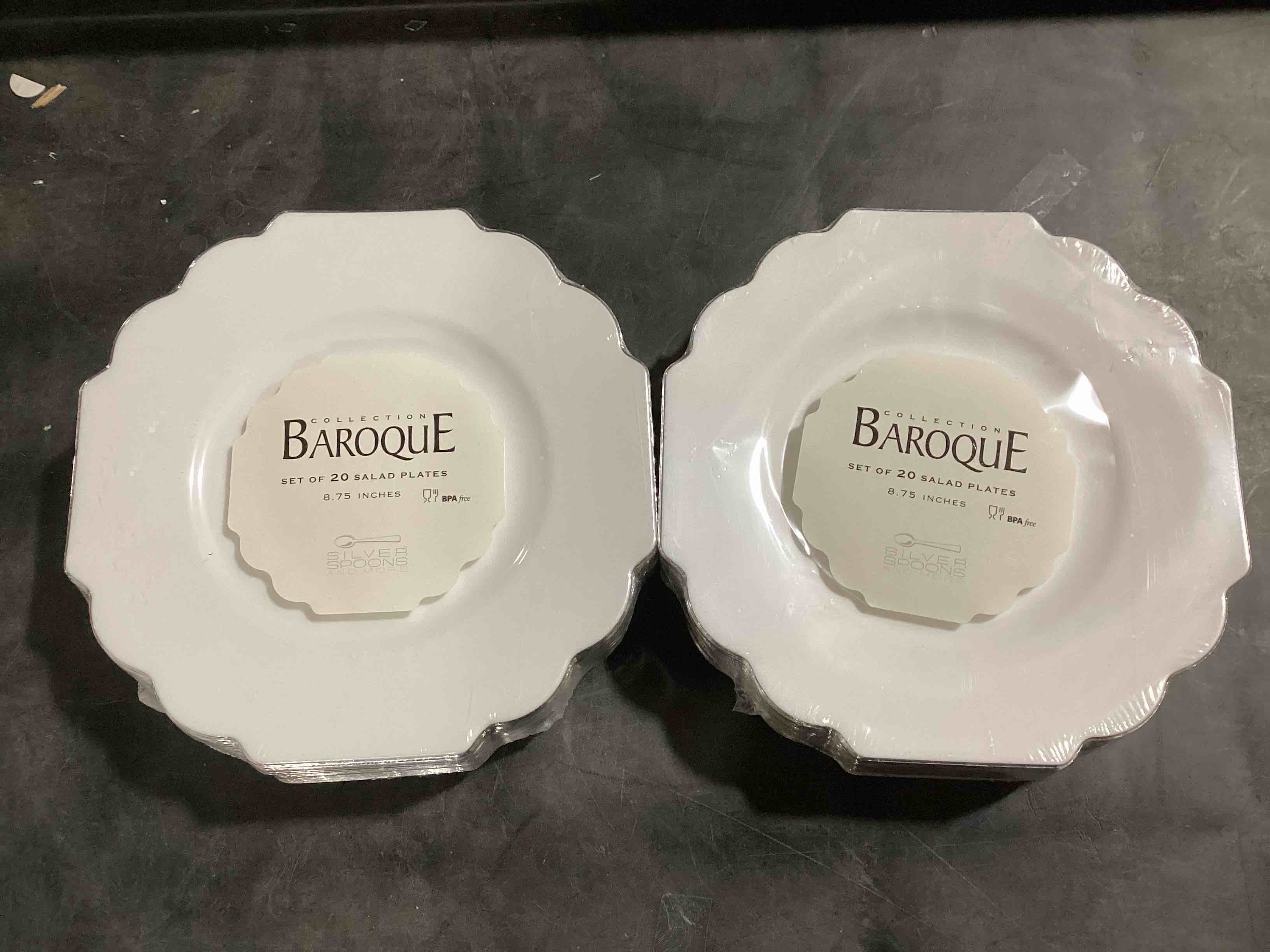 Pack of 2 (20ct) Silver Spoons Baroque Collection 8.75in Plastic Salad Plates 