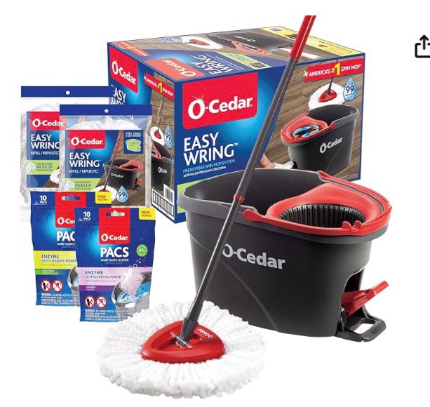 O-Cedar EasyWring Microfiber Spin Mop & Bucket Floor Cleaning System + 2 Extra Mop Head Replacements with Citrus and Lavender Pacs (Variety Pack)