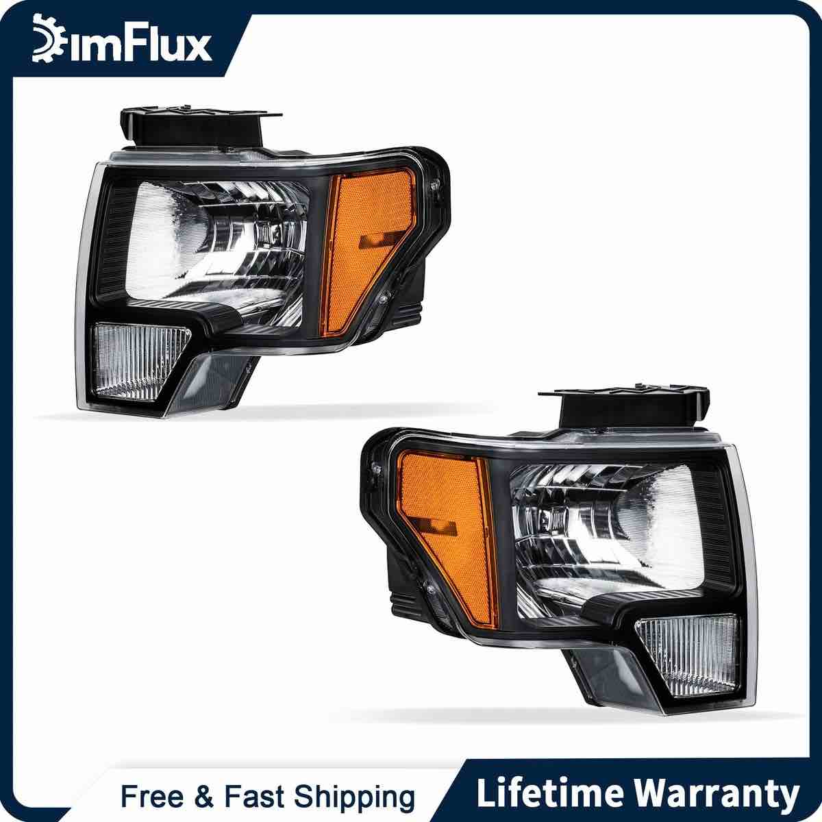 DimFlux Headlight Assembly, Headlights Kit Compatible with 2009-2014 Ford F150 Replacement Headlamp 