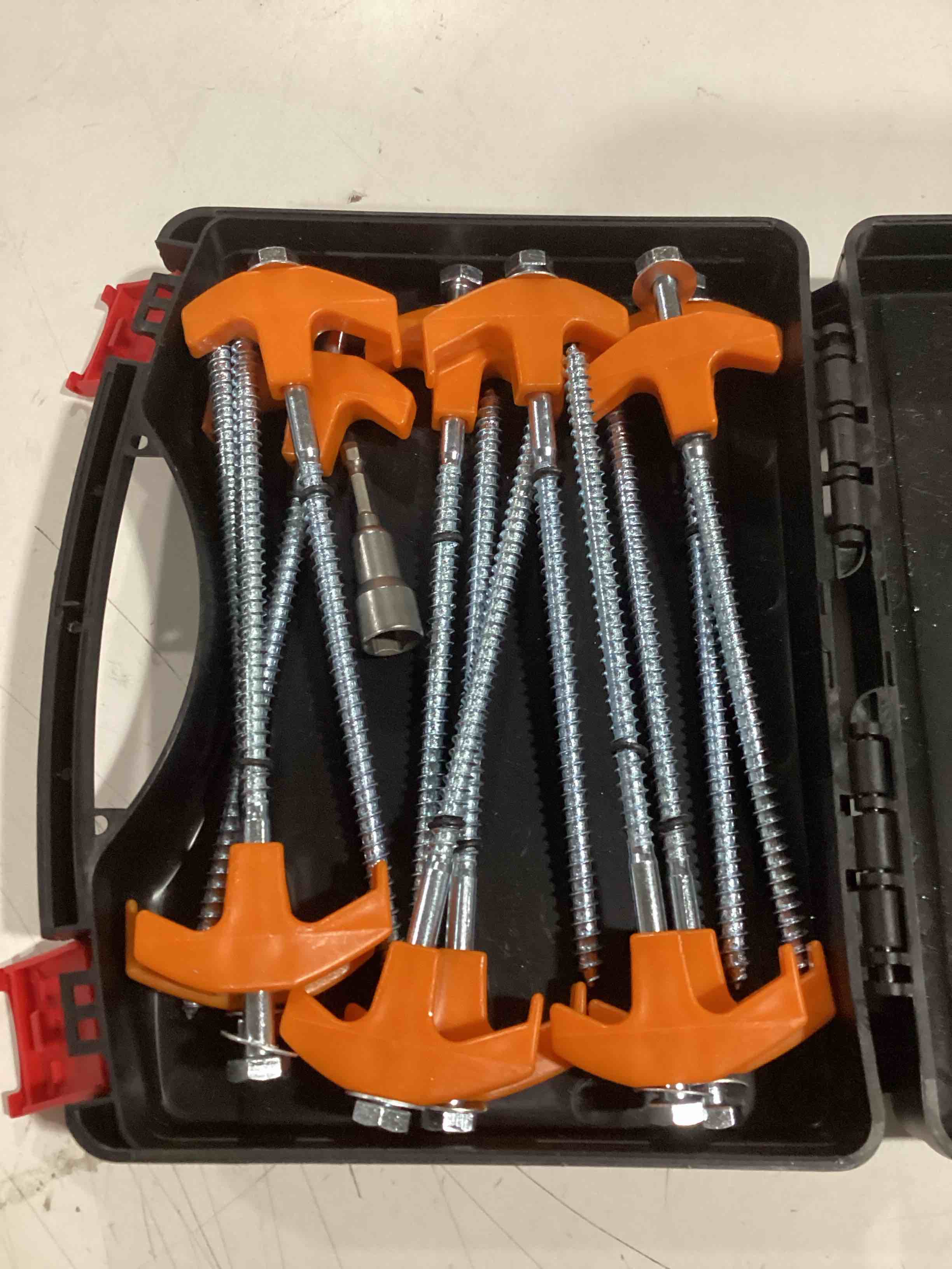 Condition photo showing Good Condition for 8" tent stakes heavy duty 12 pack, screw in tent stakes, metal threaded camping stakes, ground anchors for canopies, gardening, yard stakes for inflatables, with storage box and hex socket 12 pcs orange