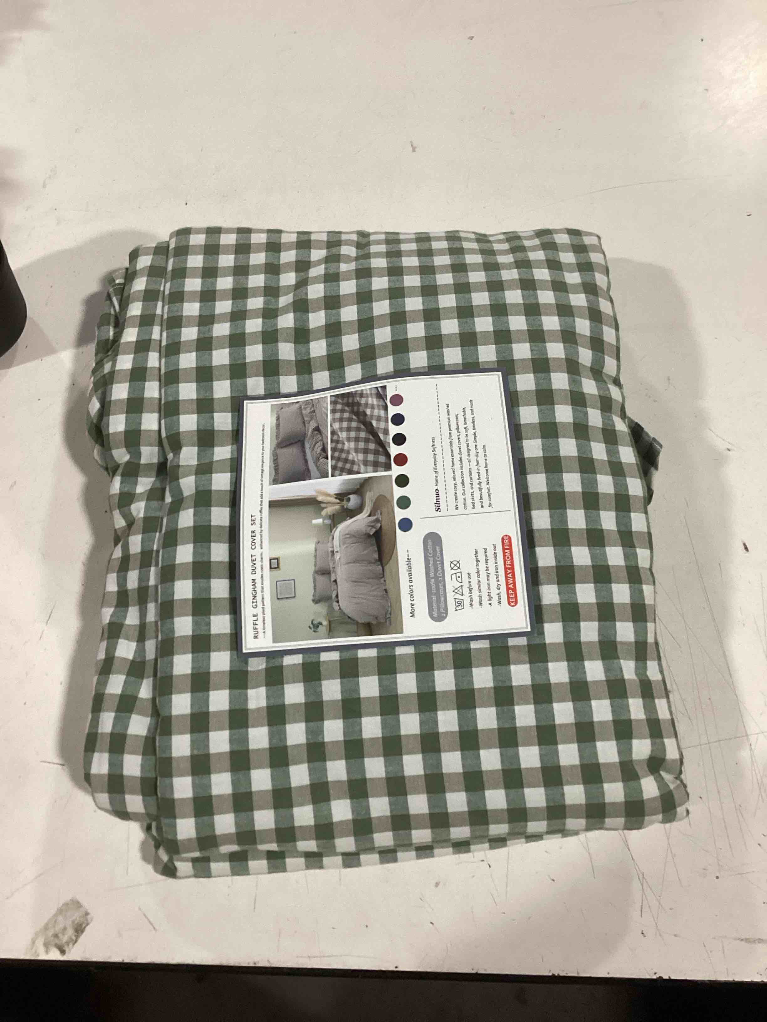 Condition photo showing Good Condition for sage green/white plaid ruffle duvet cover king size,100% washed cotton 3 pcs vintage checkered chic gingham farmhouse bedding set comforter cover set king sage green