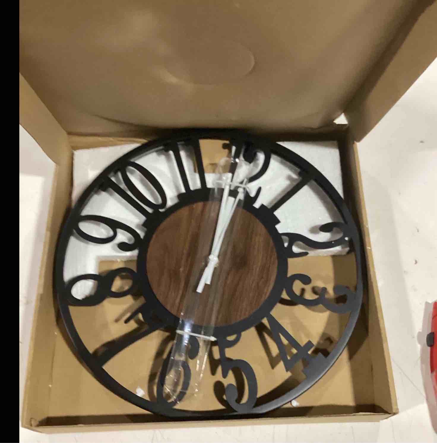 Condition photo showing Good Condition for maxstar round wall clock for living room decor battery operated non ticking silent vintage black metal wood clocks for home living room garden farmhouse office kitchen decoration -13 inch black-arabic numerals 13 inch