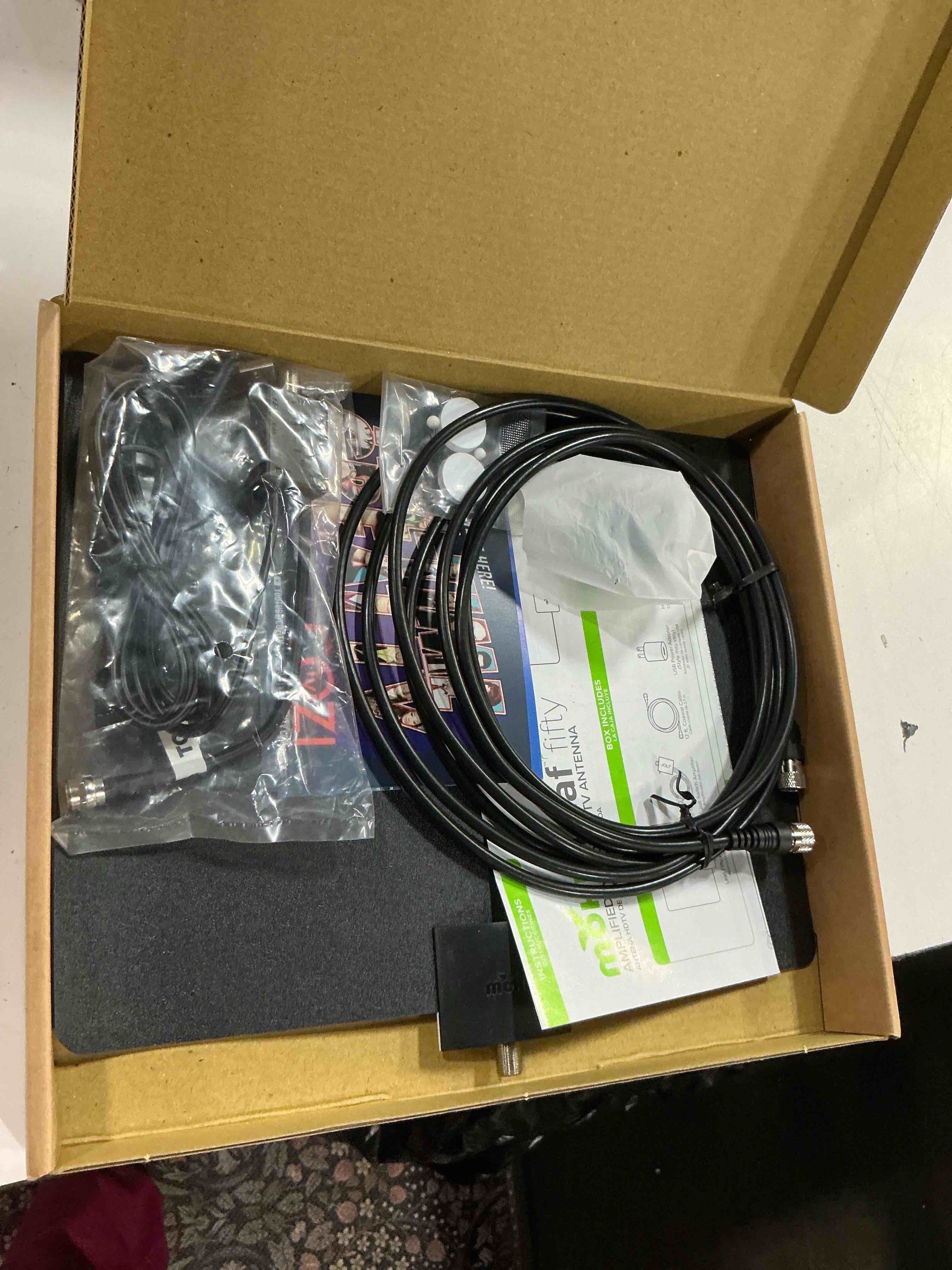 Condition photo showing New/Like New for mohu leaf 50 original paper-thin indoor tv antenna, uhf vhf, 60-mile range, multi-directional, 4k 8k uhd nextgen tv - w/12 ft. cable, jolt switch