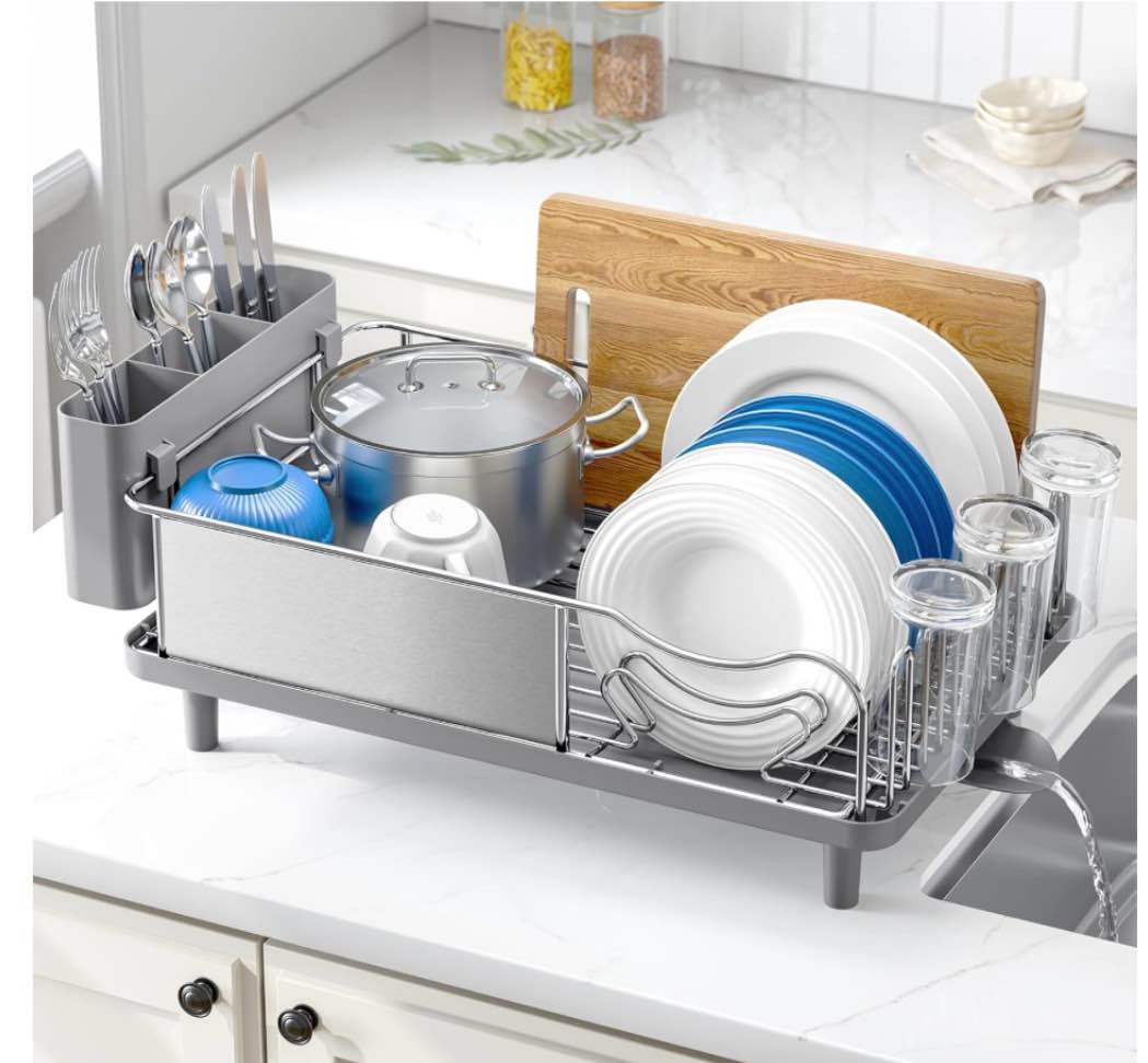 dish rack, 304 stainless steel dish drying rack for kitchen counter, dish drainer with cutlery holder for large capacity, dish drying rack with drip tray, grey