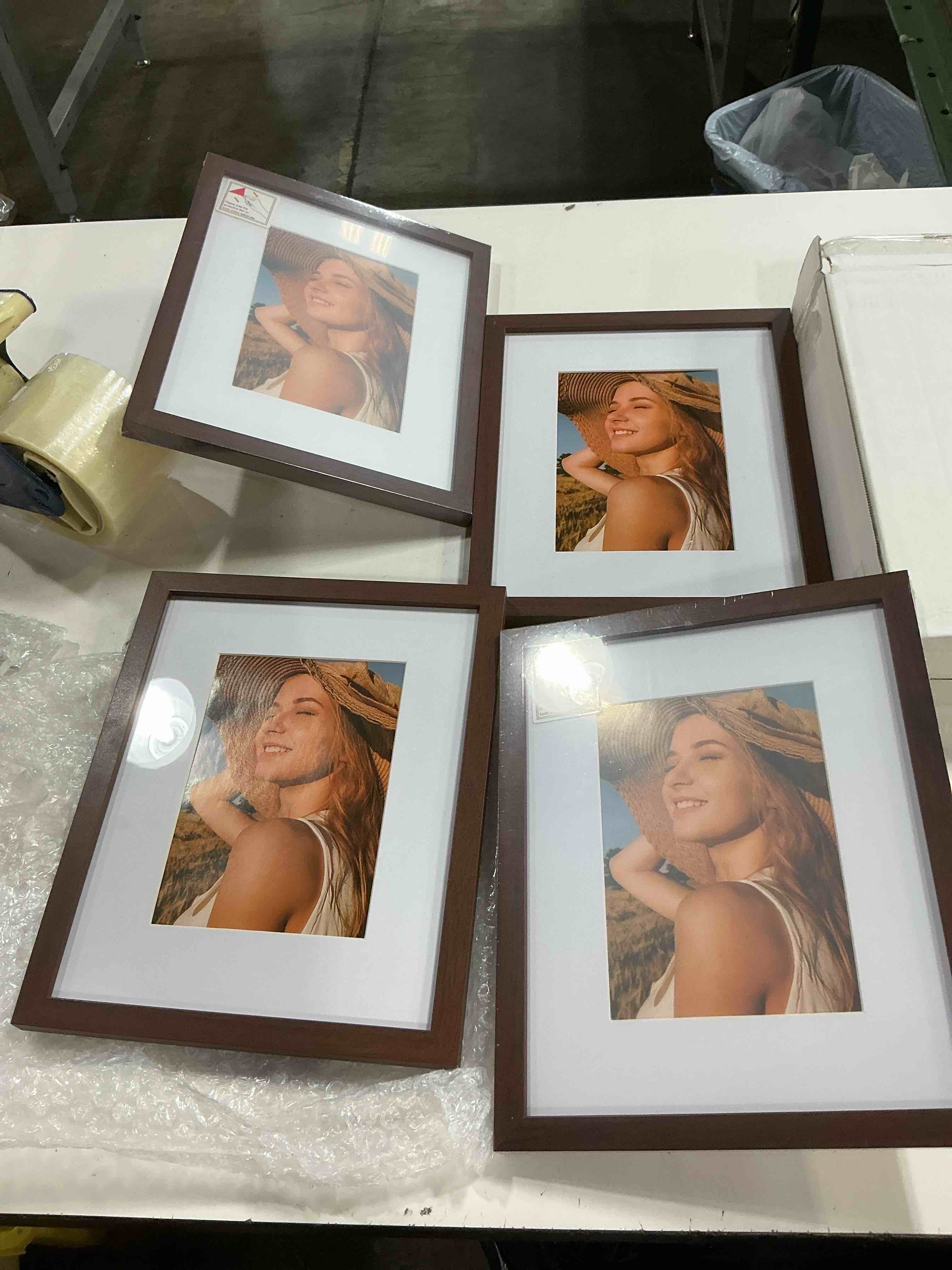 Condition photo showing New/Like New for vittanly 8x10 picture frame set of 4, display pictures 5x7 with mat or 8x10 without mat, engineered wood with shatter resistant plexiglass, wall gallery photo frames for wall or tabletop, brown