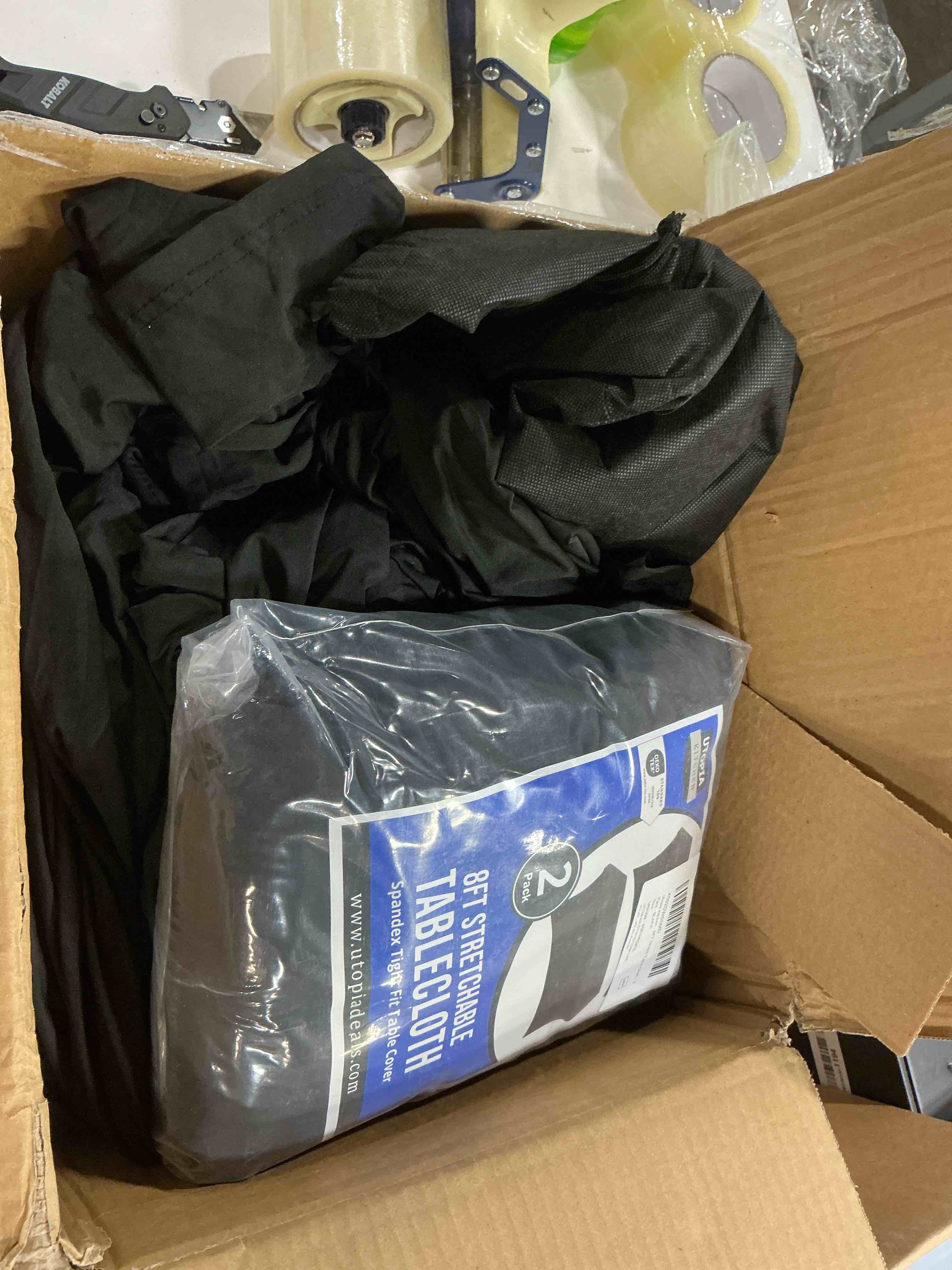 Condition photo showing As Is for utopia kitchen spandex tablecloth [8ft, black] tight, fitted, washable and wrinkle resistant stretch table cloth rectangle cover for trade show, weddings & parties [96lx30wx30h inch] black 8 feet 