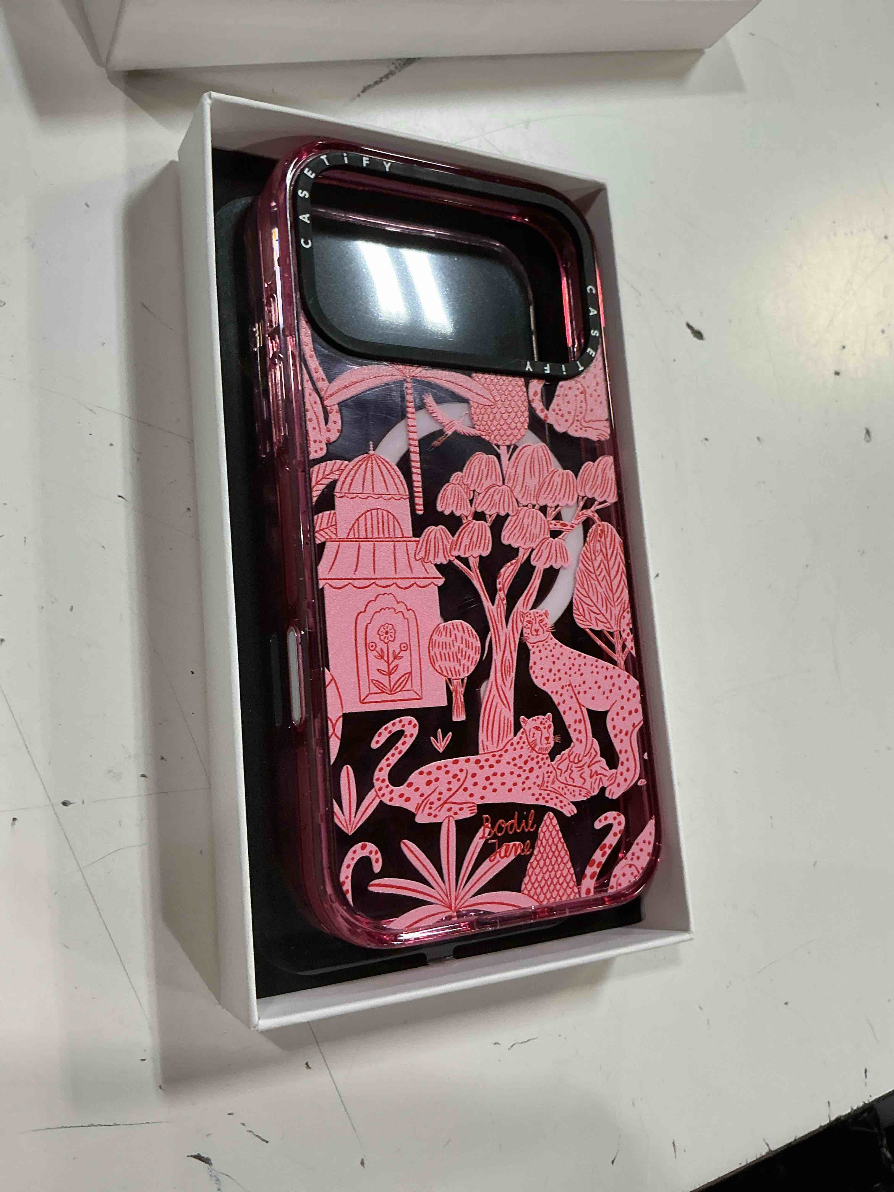Condition photo showing New/Like New for casetify impact iphone 17 case [slim/compatible with magsafe / 8.2 ft. 4x military grade drop protection] - cheetah paradise pink - clear black