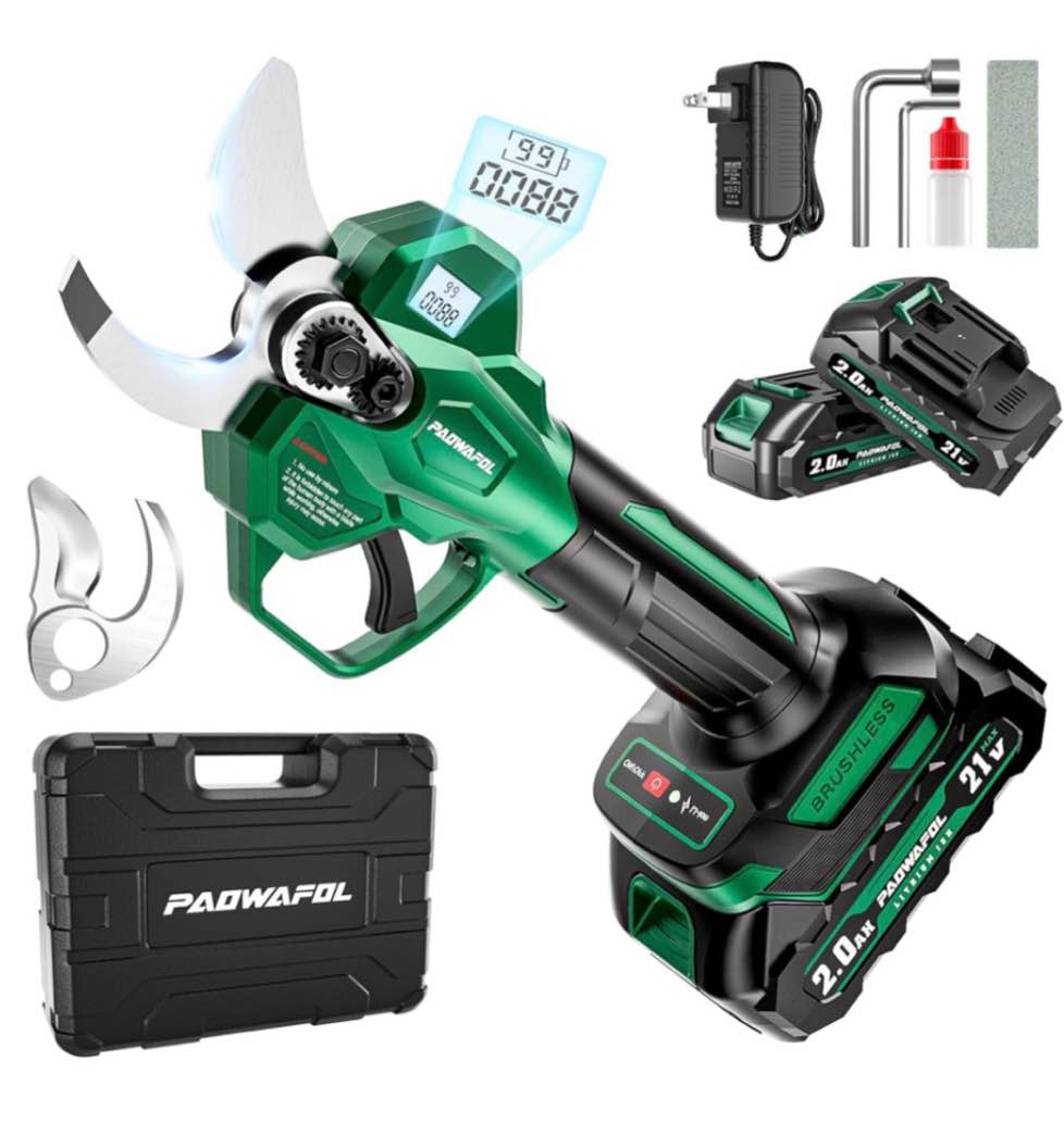 electric pruning shears, 2.1" (54mm) cutting diameter cordless electric scissors with lcd display, 21v brushless motor branch cutter with 2 pcs rechargeable 2000mah batteries & 2 blades (green)