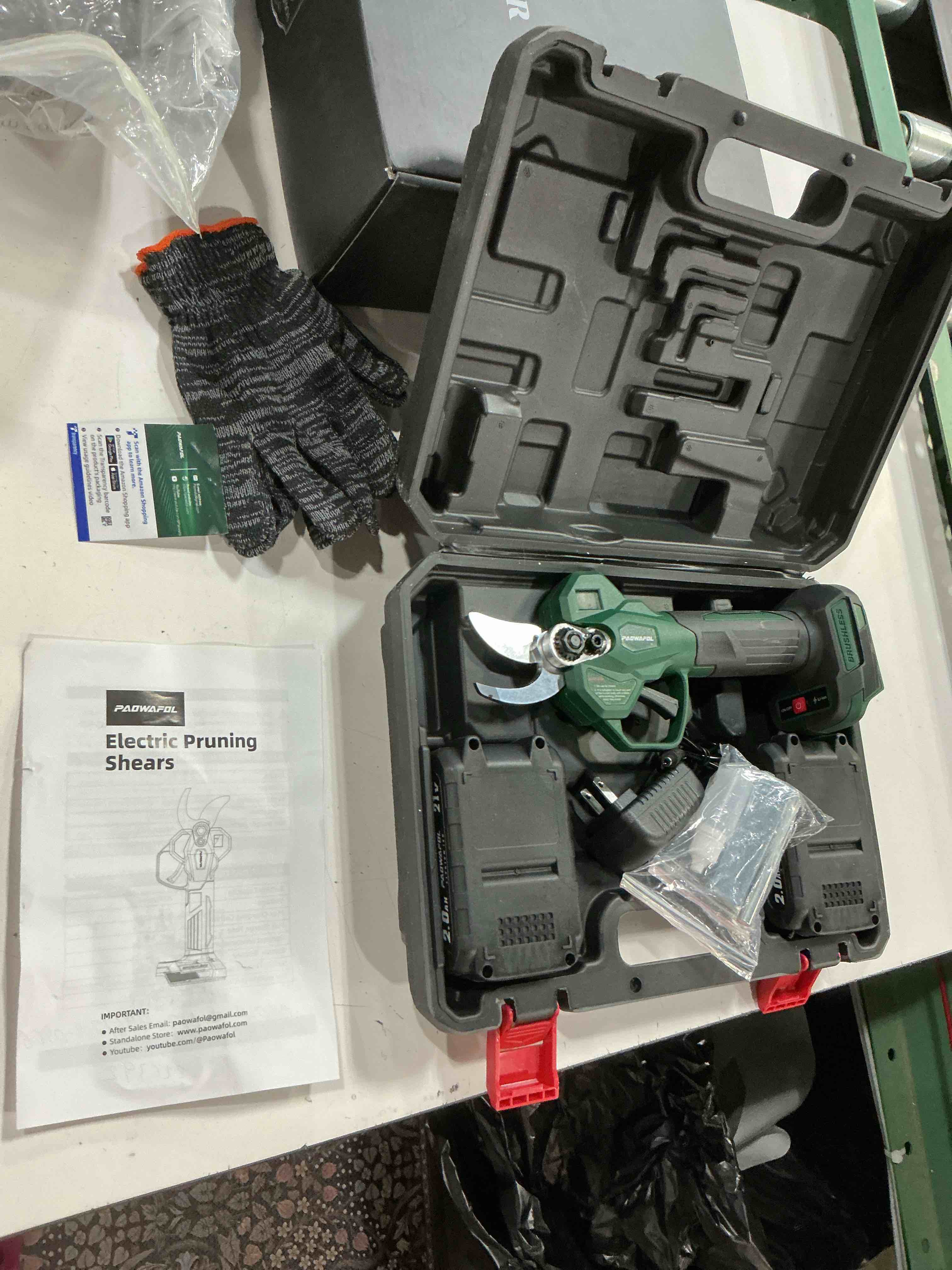 Condition photo showing As Is for electric pruning shears, 2.1" (54mm) cutting diameter cordless electric scissors with lcd display, 21v brushless motor branch cutter with 2 pcs rechargeable 2000mah batteries & 2 blades (green)