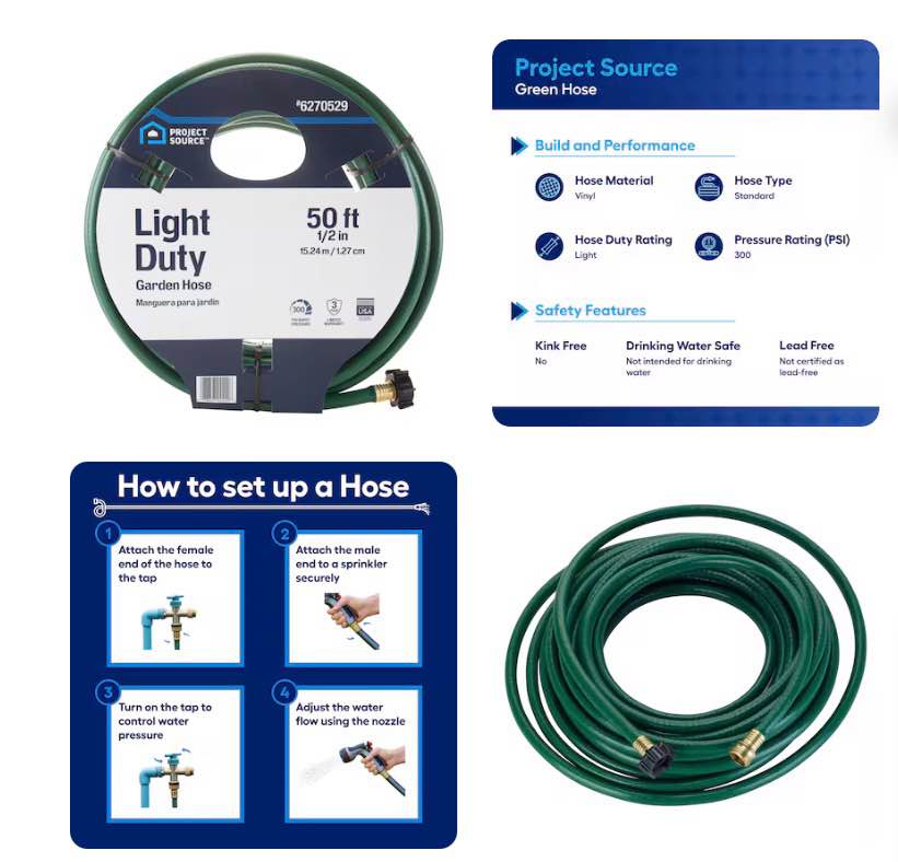 project source 1/2-in x 50-ft light -duty vinyl green hose