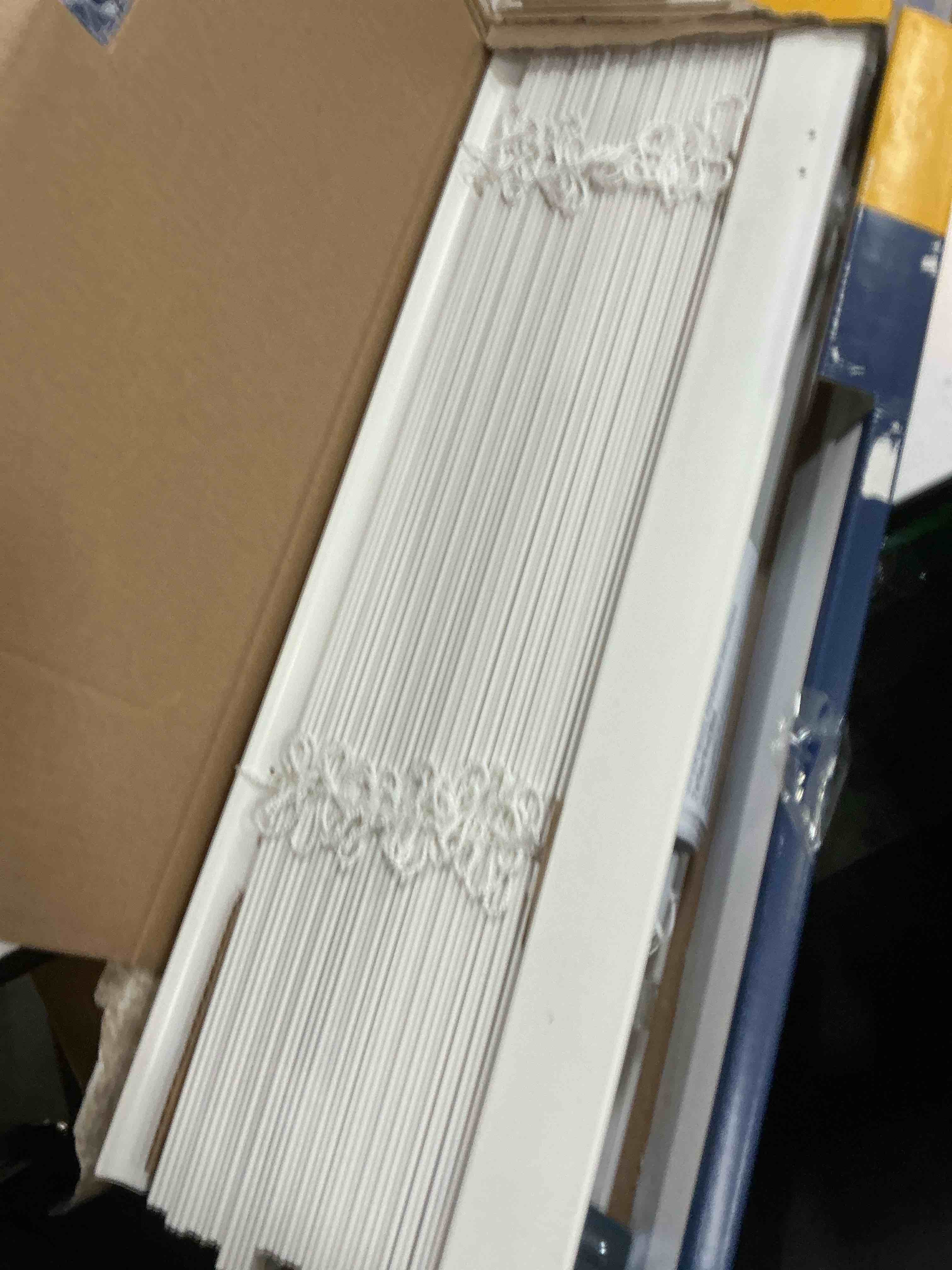 Condition photo showing As Is for levolor trim+go 2-in cordless white faux wood room darkening blinds - 36" x 64"