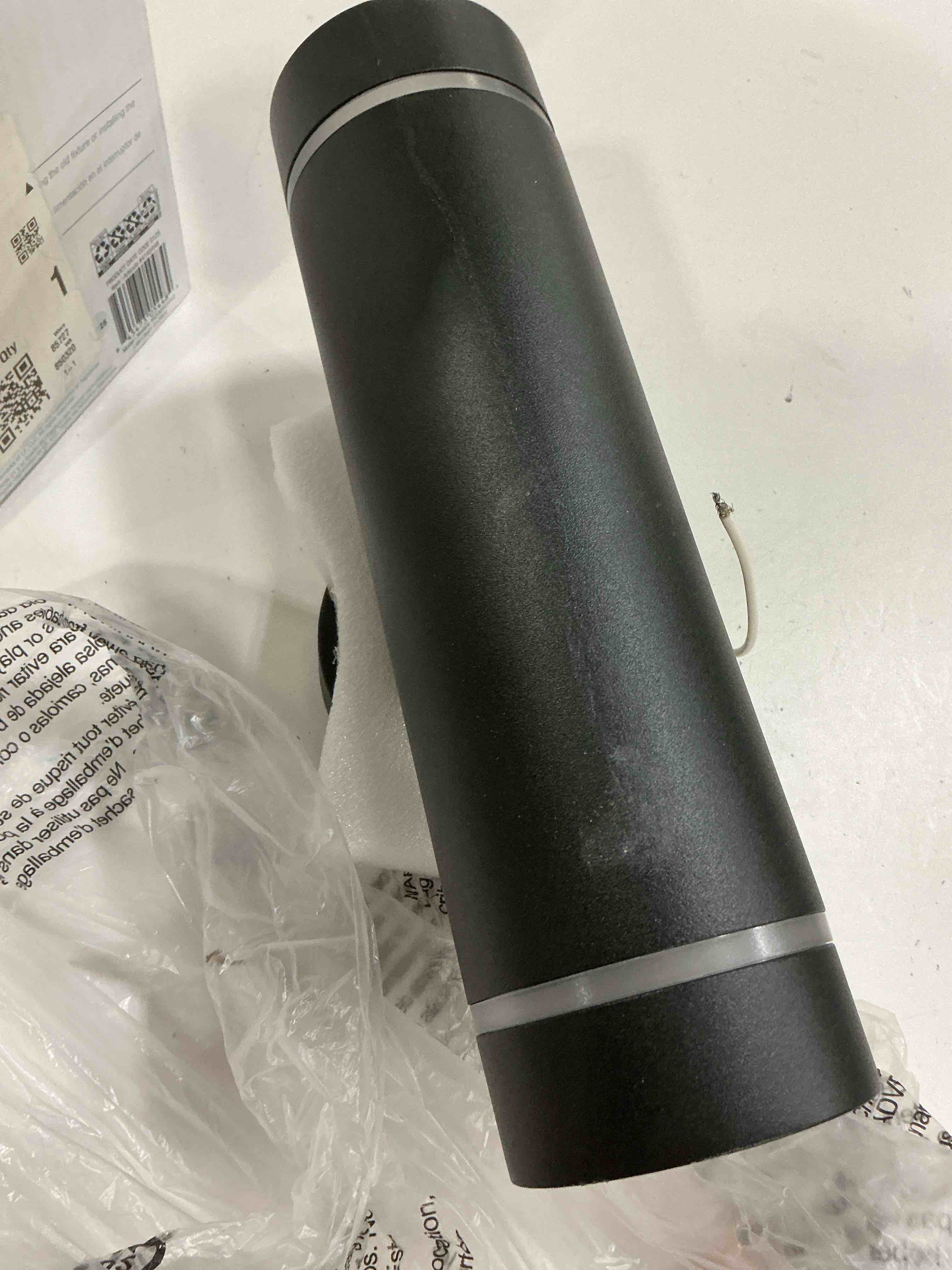 Condition photo showing As Is for artika c7 modern outdoor/indoor wall light, black finish ideal for porch, garage, living room, bedroom, hallway - beam of light is projected in 3 different directions