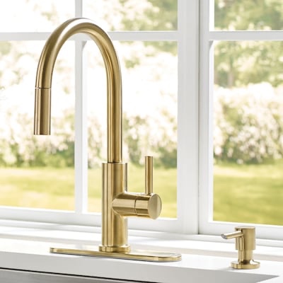 allen + roth harlow simplefit brushed gold single handle deck-mount pull-down kitchen faucet with sprayer (includes deck plate) (includes soap dispenser)