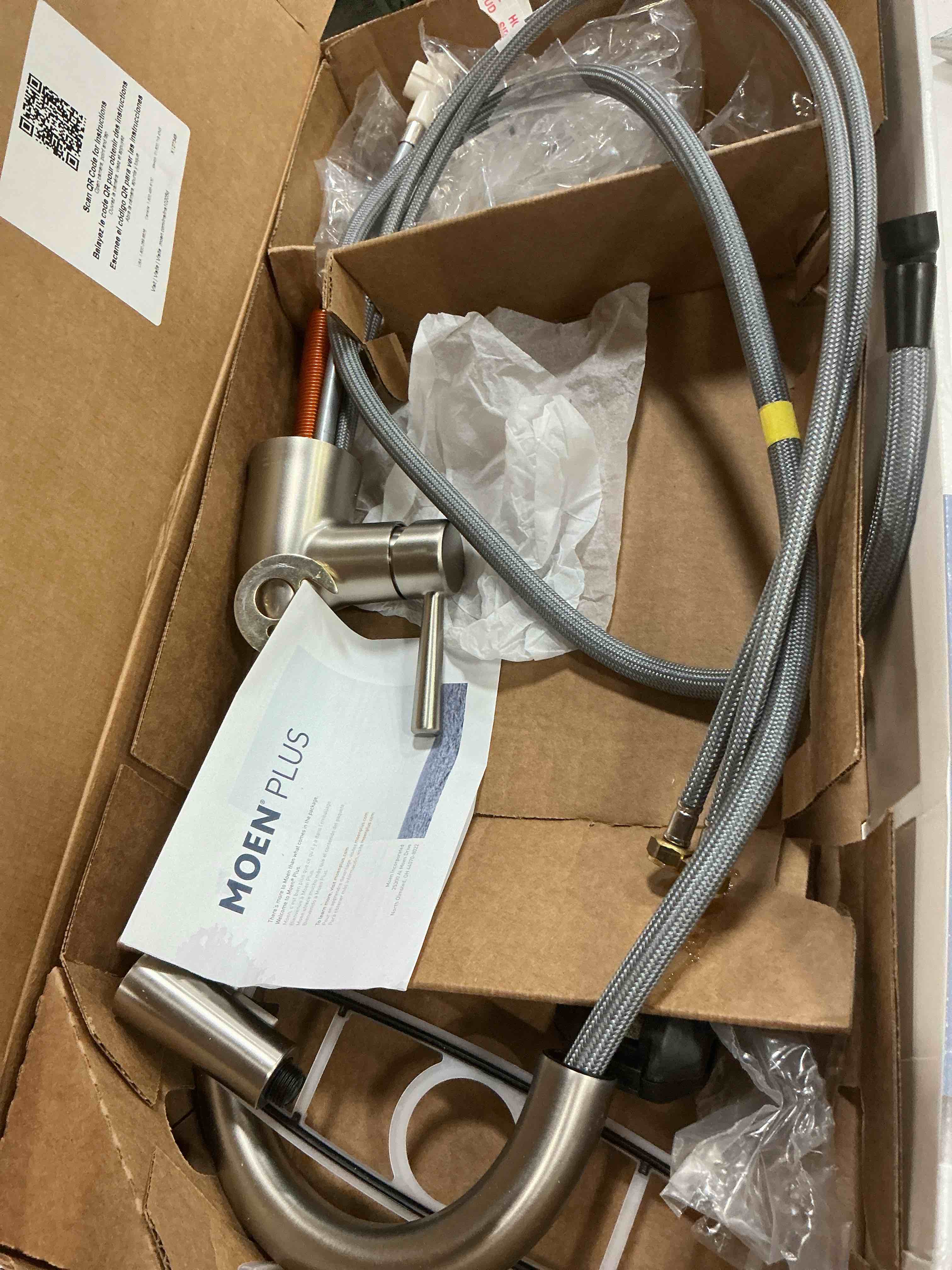 Condition photo showing As Is for moen adler spot resist stainless one-handle high arc pulldown kitchen faucet with power clean, 87233srs spot resist stainless standard