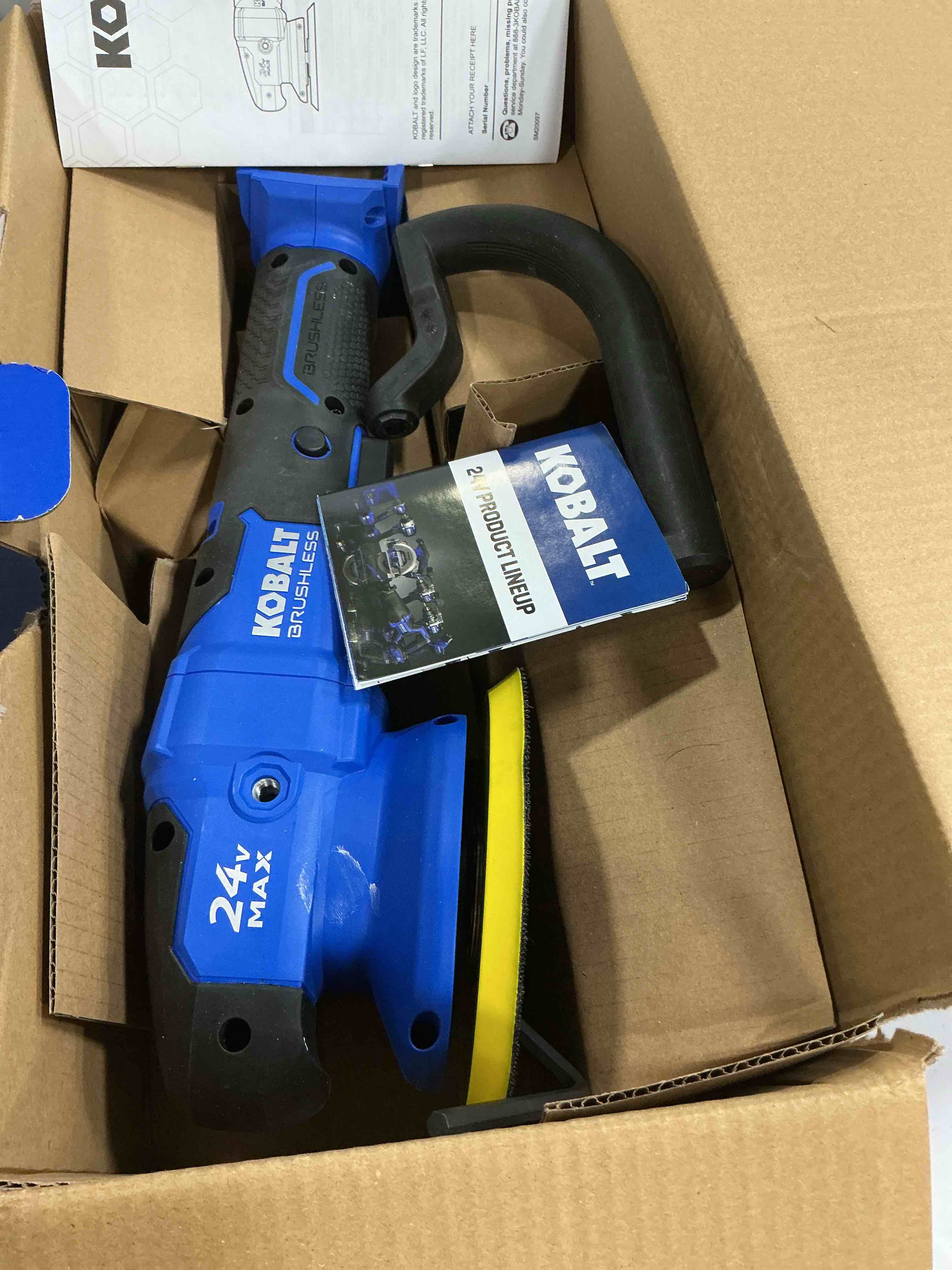 Condition photo showing As Is for ((incomplete))kobalt 24-v max brushless motor 6-in polisher - 3 pads included - black and blue - bare tool without battery kpo 124b-03