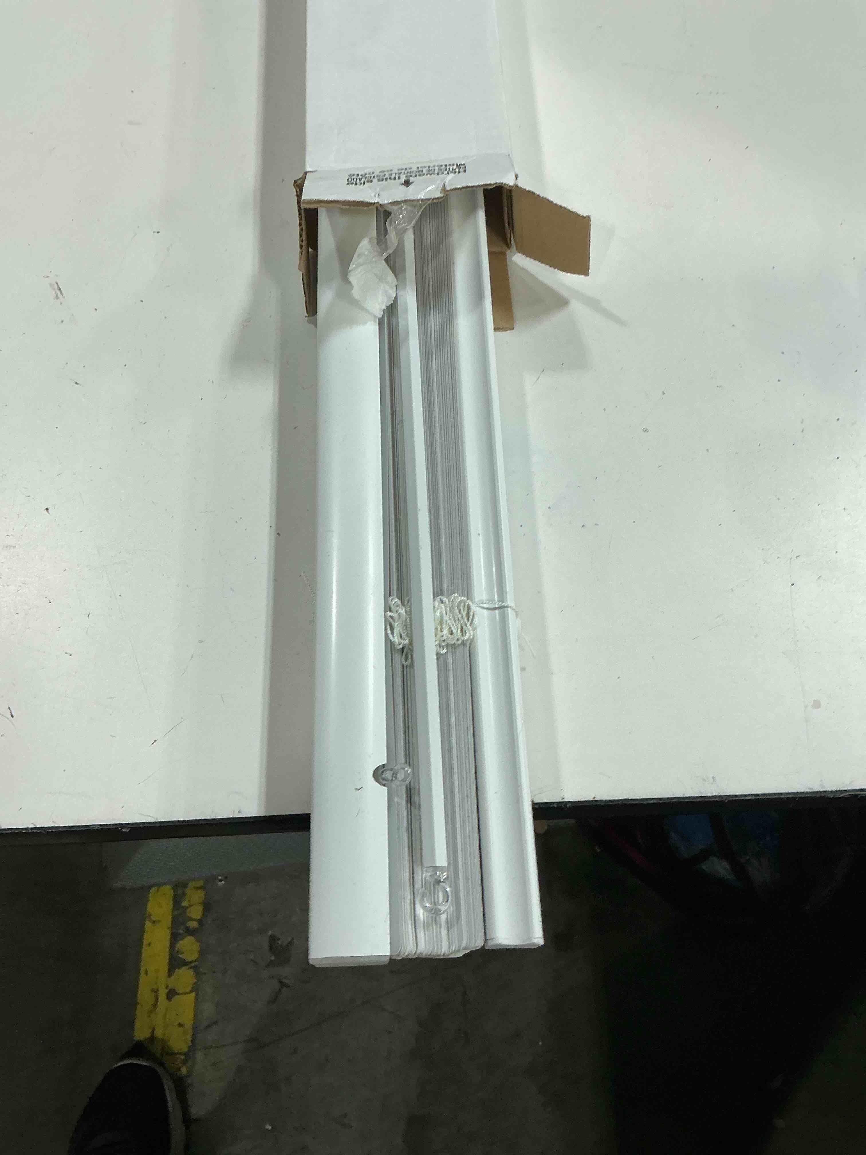 Condition photo showing As Is for project source room darkening 1-in slat width 36-in x 64-in cordless white vinyl room (missing parts)