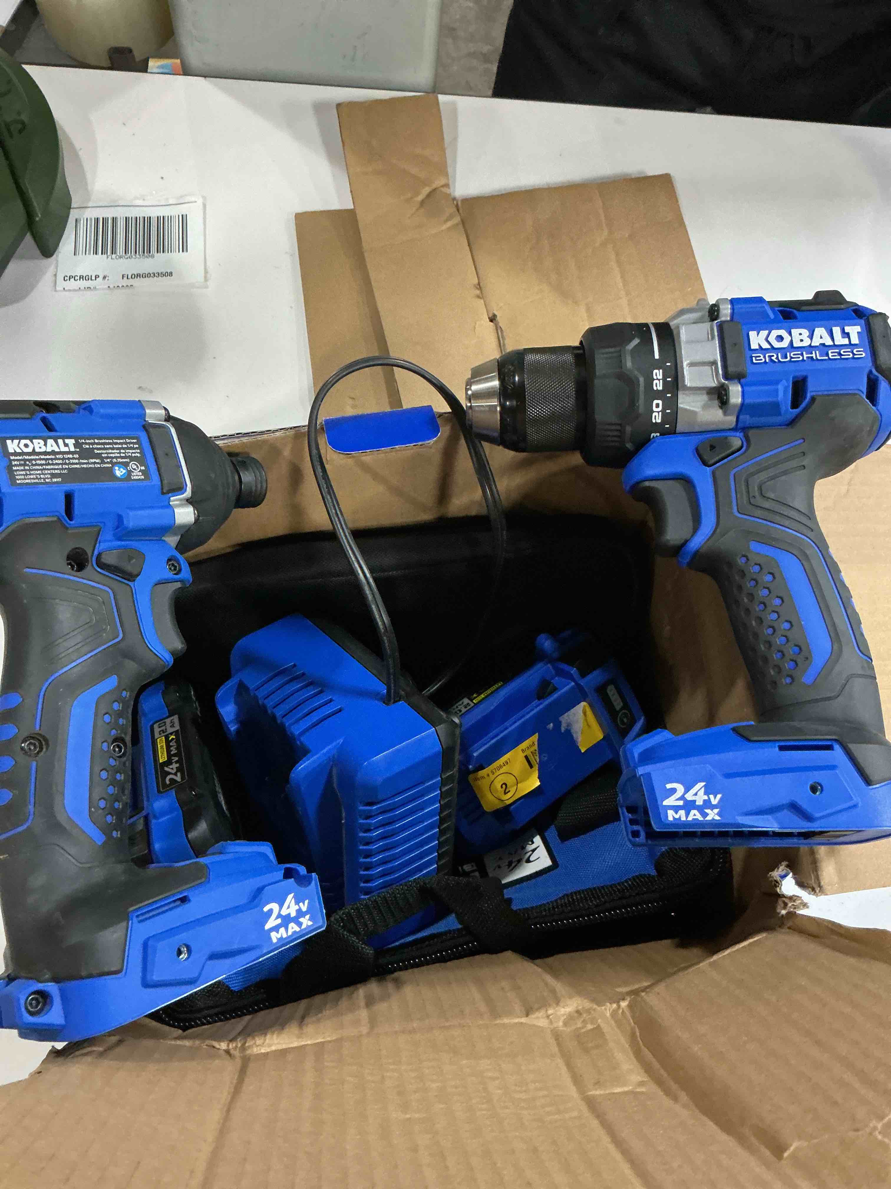 Condition photo showing As Is for kobalt 24-volt 2-tool brushless power tool combo kit with soft case (1-battery included