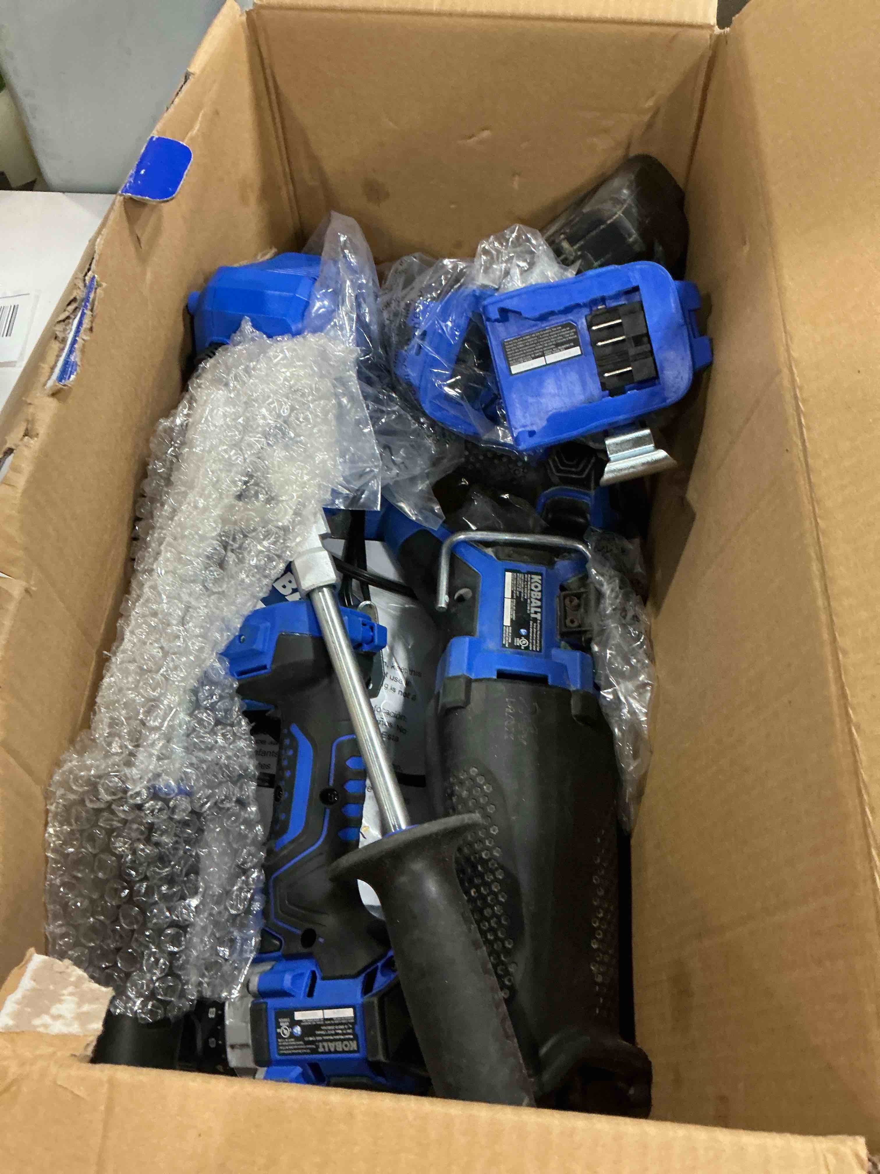 Condition photo showing As Is for kobalt 24-volt 4-tool brushless power tool combo kit with soft case (1-battery included (missing parts)