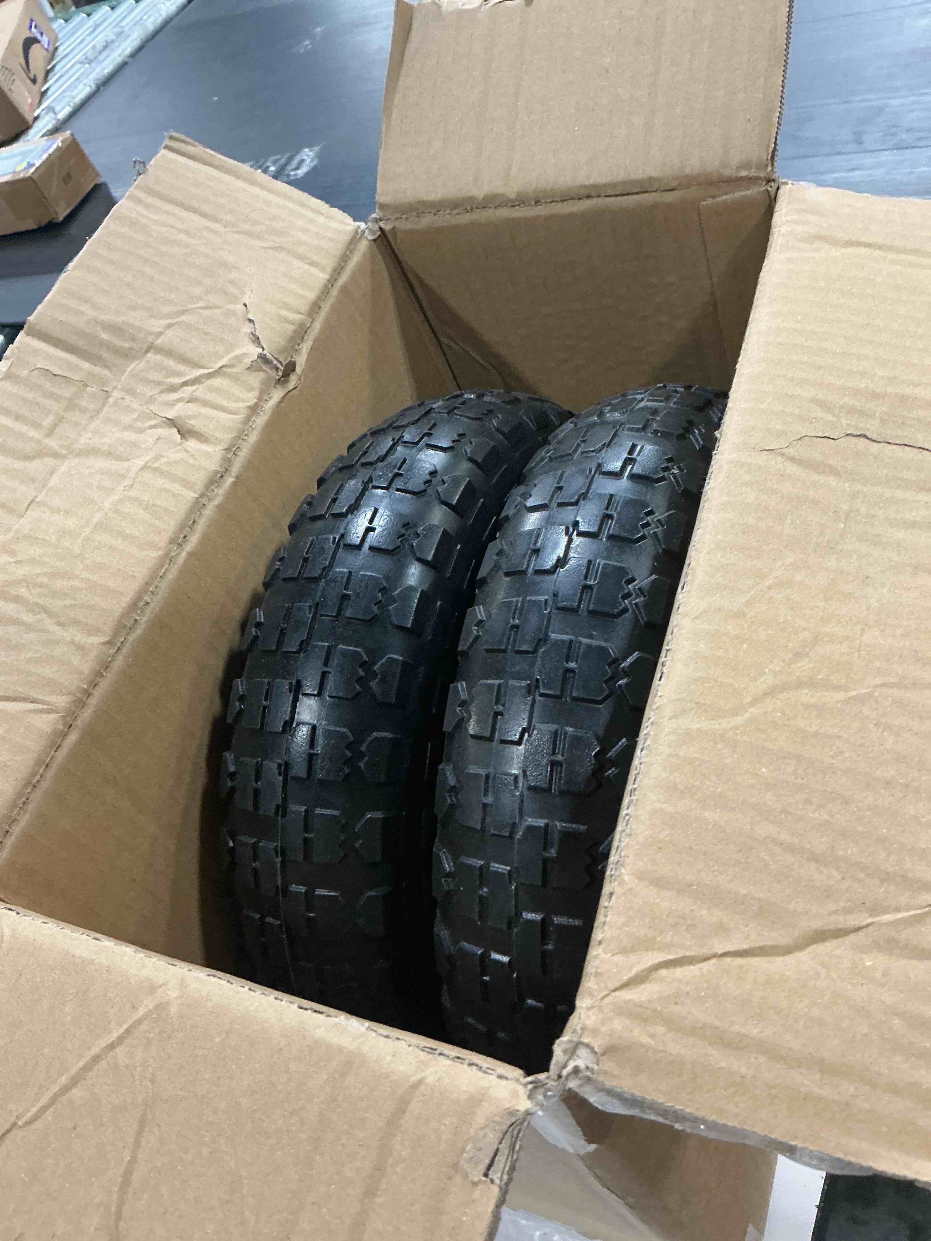 Condition photo showing New/Like New for 2 pcs 4.00-6 flat free tire and wheel, 13" wheelbarrow wheel with 5/8" & extra 3/4" bearings, solid polyurethane, 13x4.00-6 tire compatible with gorilla cart, wheelbarrows, garden carts, hand trucks 13x4-6