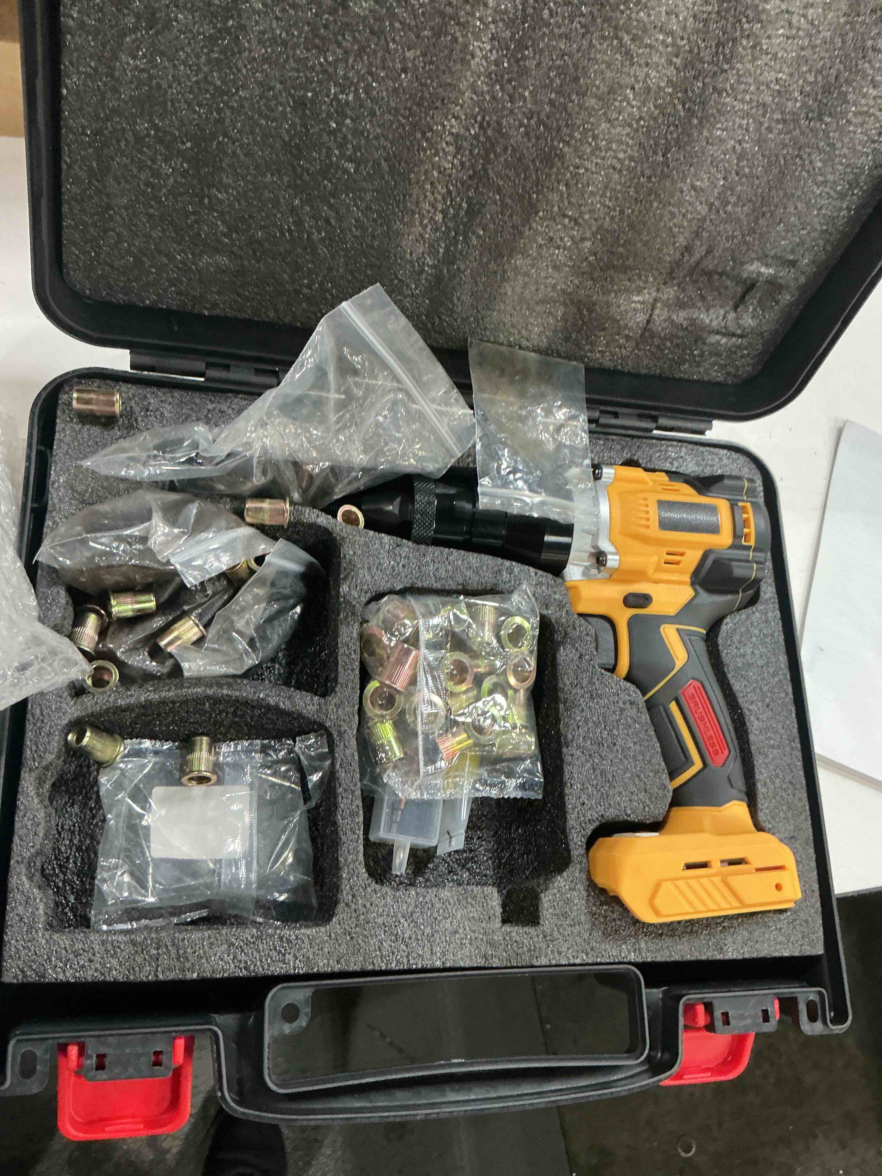 Condition photo showing Good Condition for cordless rivet nut gun for dewalt 20v max battery, electric rivet nut tool with 1/4", 5/16", 3/8" nut head, portable battery powered rivetnut tool, auto mode & memory mode, tool only yellow, tool only