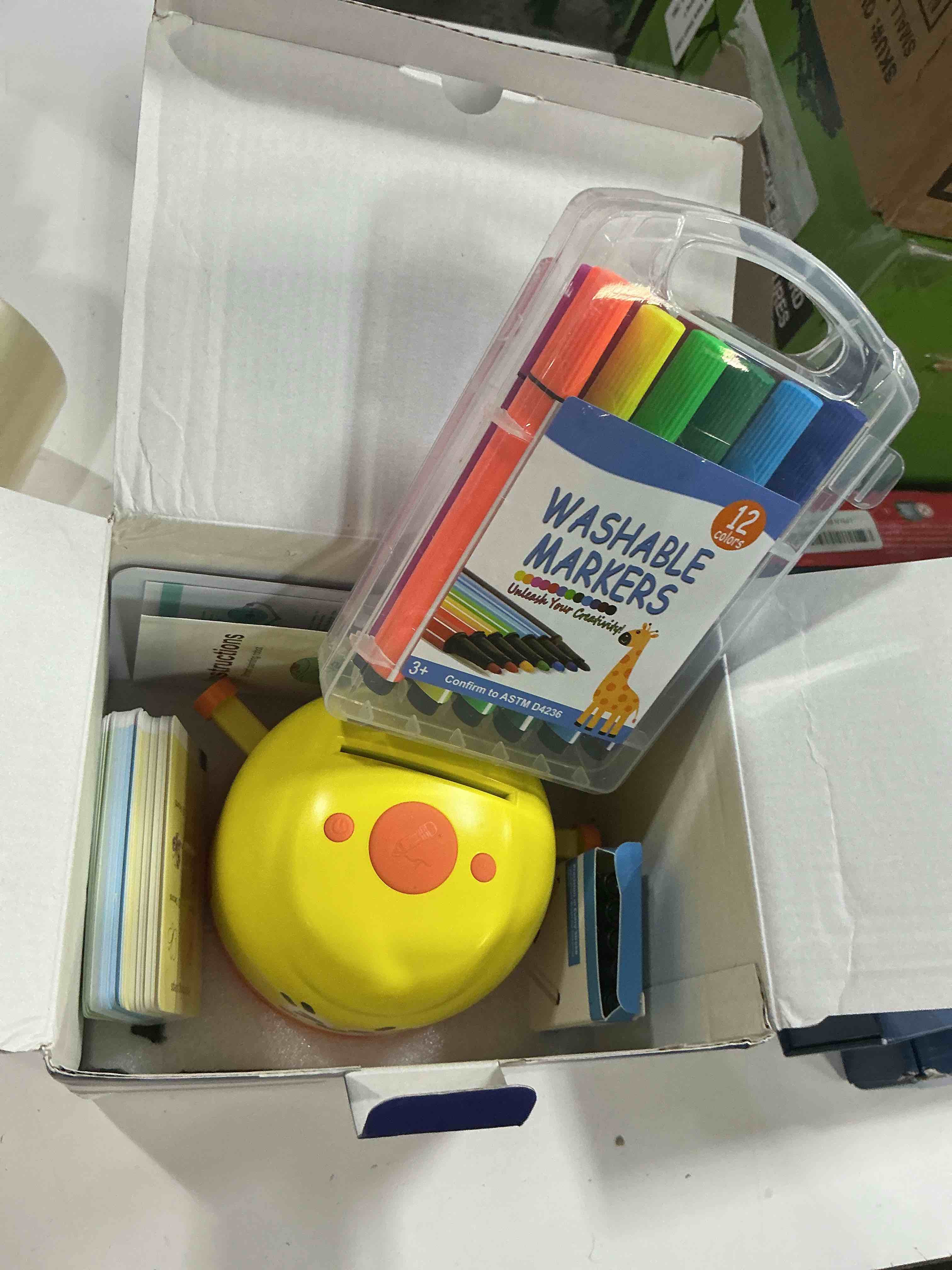 Condition photo showing New/Like New for drawing robot for kids, interactive educational drawing machine with voice interaction, montessori painting learning toy with 150 word cards, birthday for boys girls 3 4 5 6 7 8 yellow