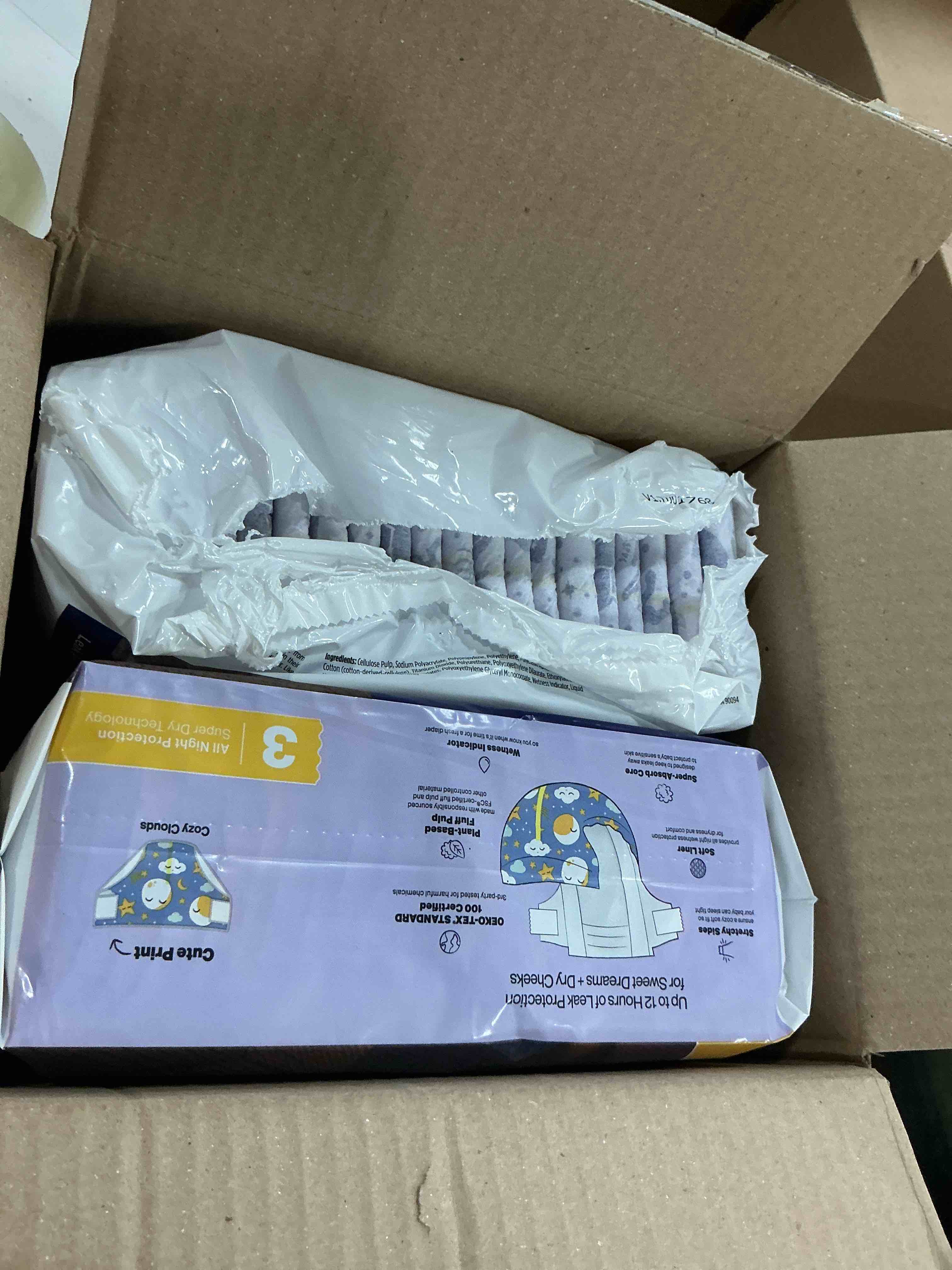 Condition photo showing As Is for the honest company comfort dry disposable overnight diapers for sensitive skin, hypoallergenic, baby cozy cloud and star signs design club box size 3 (16–28 lbs) 52 count size 3 52