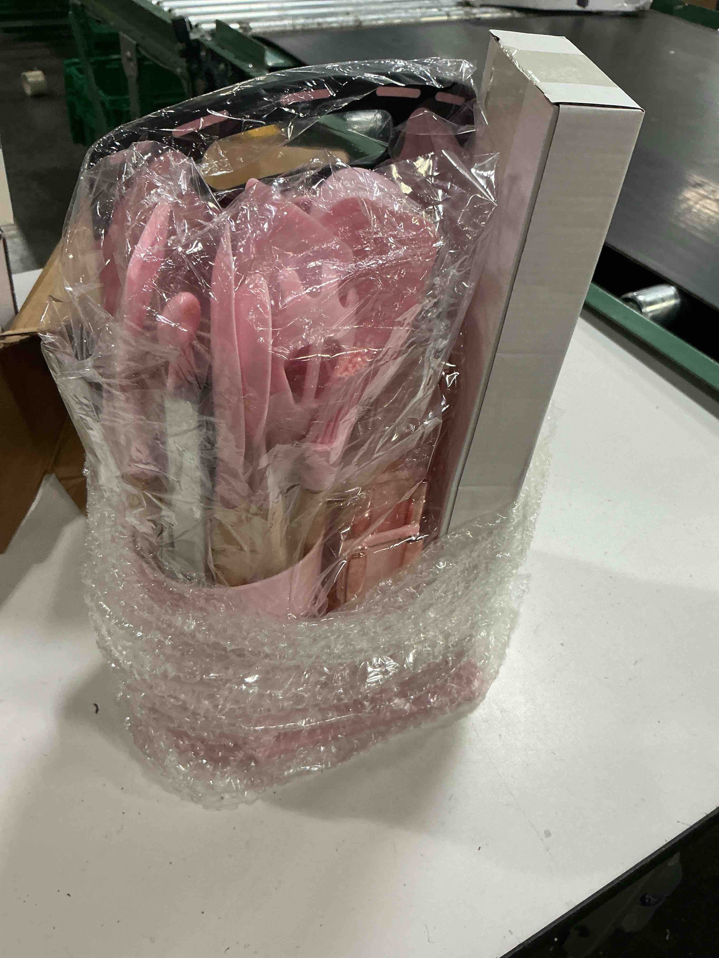 Condition photo showing New/Like New for 19 pcs kitchen cooking utensils set, 11 pieces silicone cooking utensils set 6 pieces sharp stainless steel pink knife set with 1 piece cutting board, ideal for apartment
