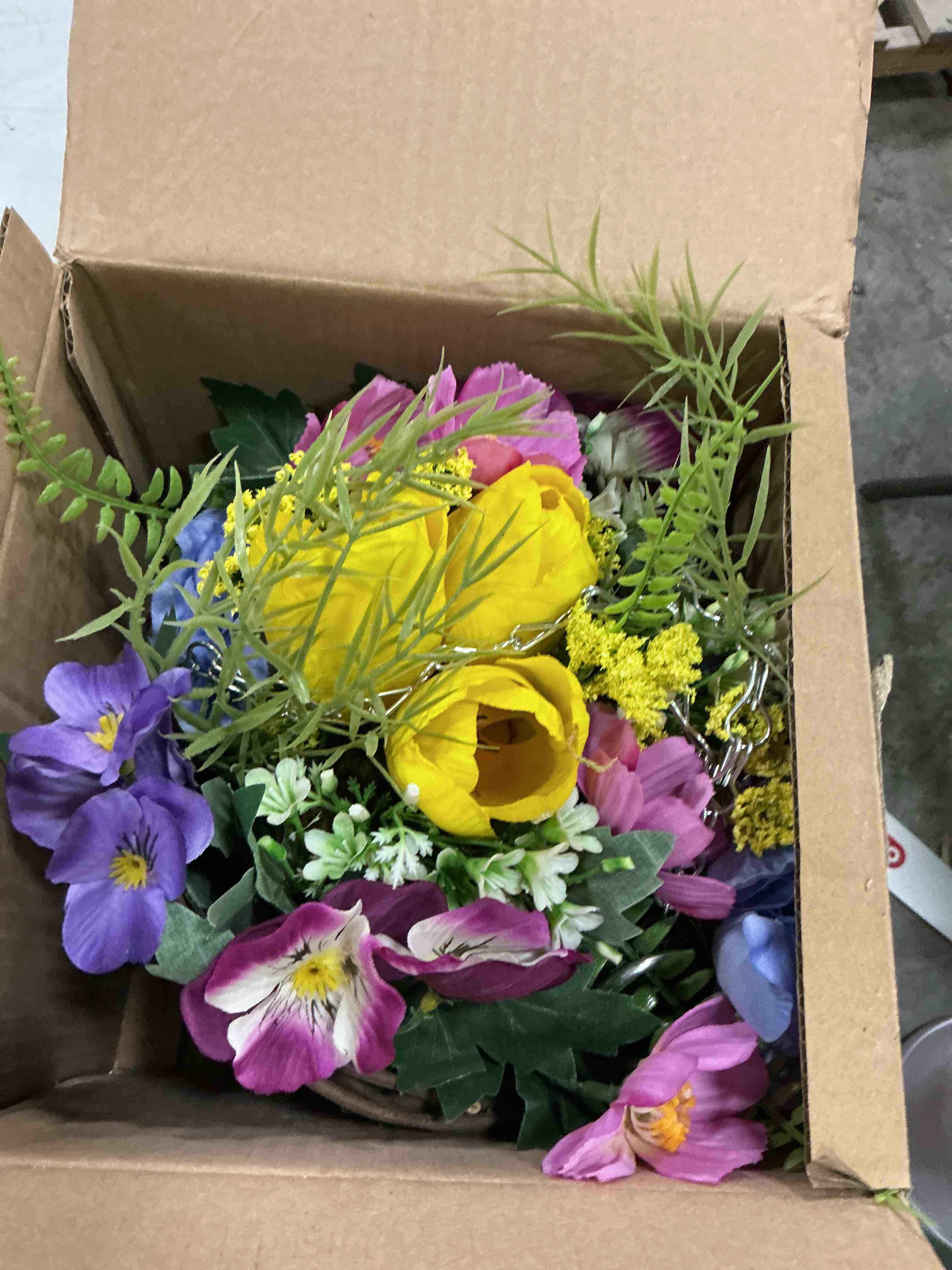 Condition photo showing Good Condition for briful artificial hanging baskets with flowers mixed tulip pansy hanging basket flower, indoor patio balcony decorations, home farmhouse decor yellow and purple