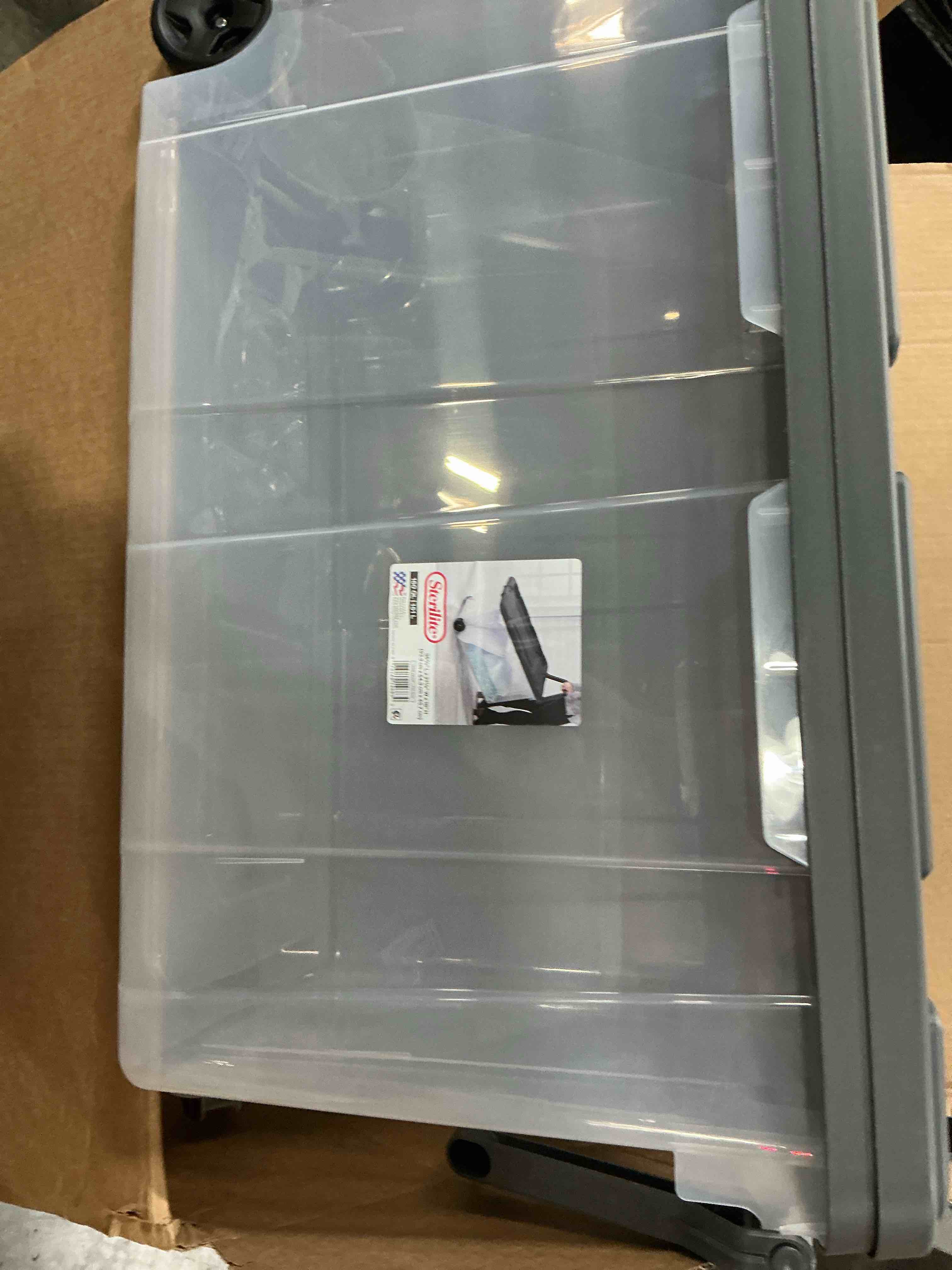Condition photo showing Good Condition for sterilite extra large storage bin 160 quart wheeled clear plastic storage container with handle gray