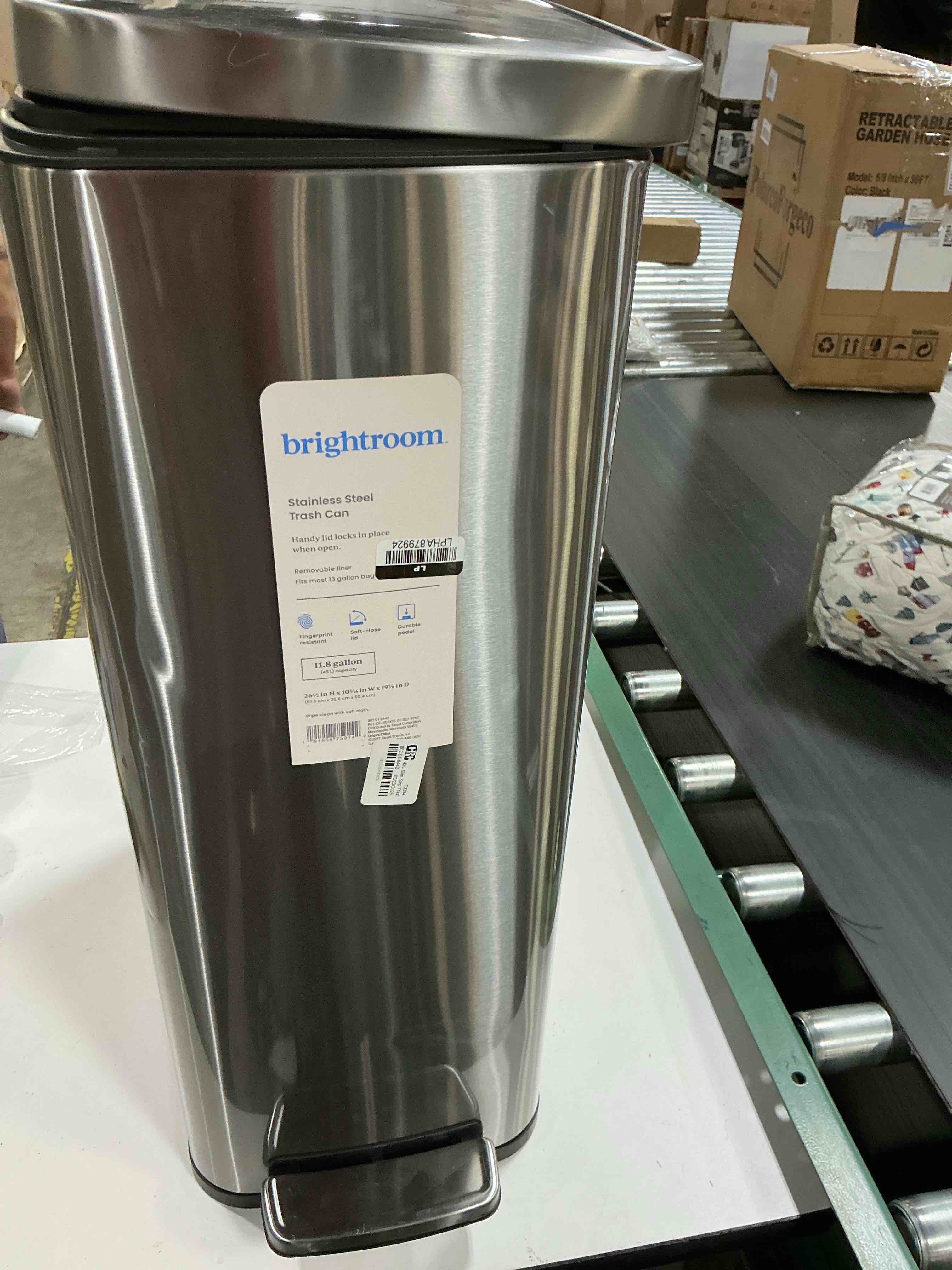 Condition photo showing As Is for 45l slim step trash can - brightroom™: stainless steel kitchen garbage can, indoor, smooth finish, silver, 11.8 gallon capacity