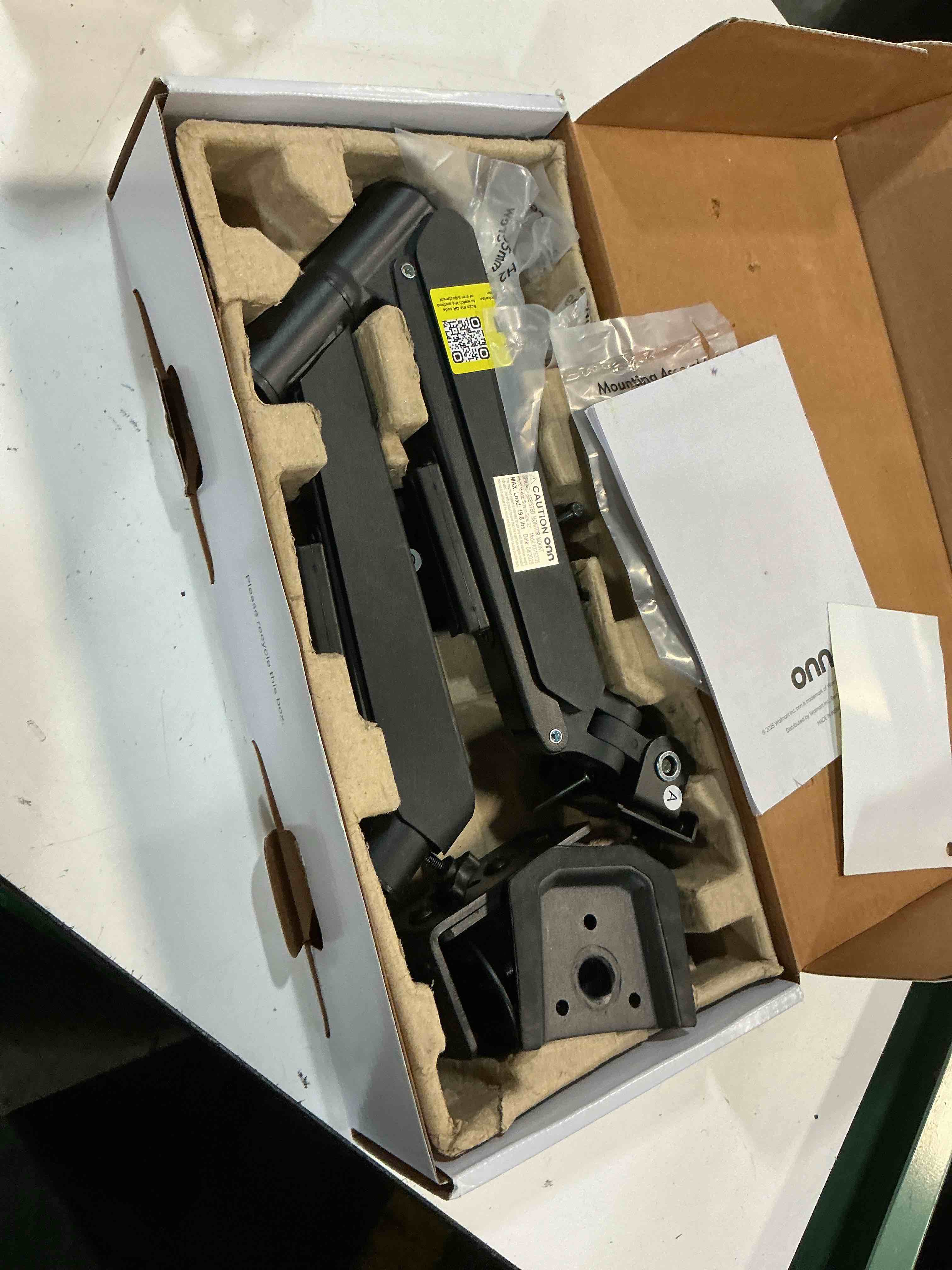 Condition photo showing As Is for onn spring assisted desk mount for 13  to 32  monitors/tvs  3x load tested  holds up to 19.8 lbs.