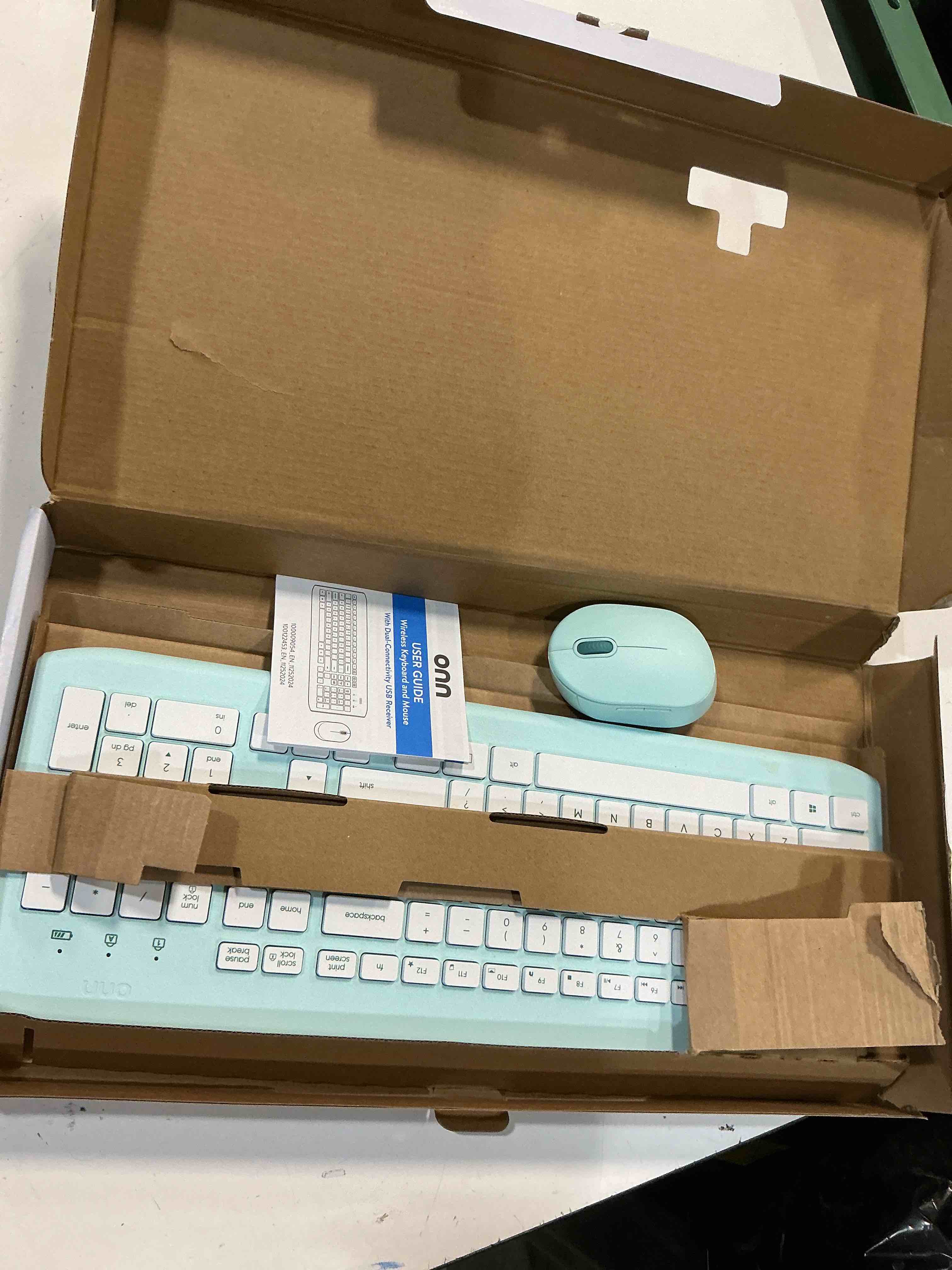 Condition photo showing As Is for onn wireless keyboard and compact mouse with dual-connectivity  2.4 ghz wireless usb receiver  blue