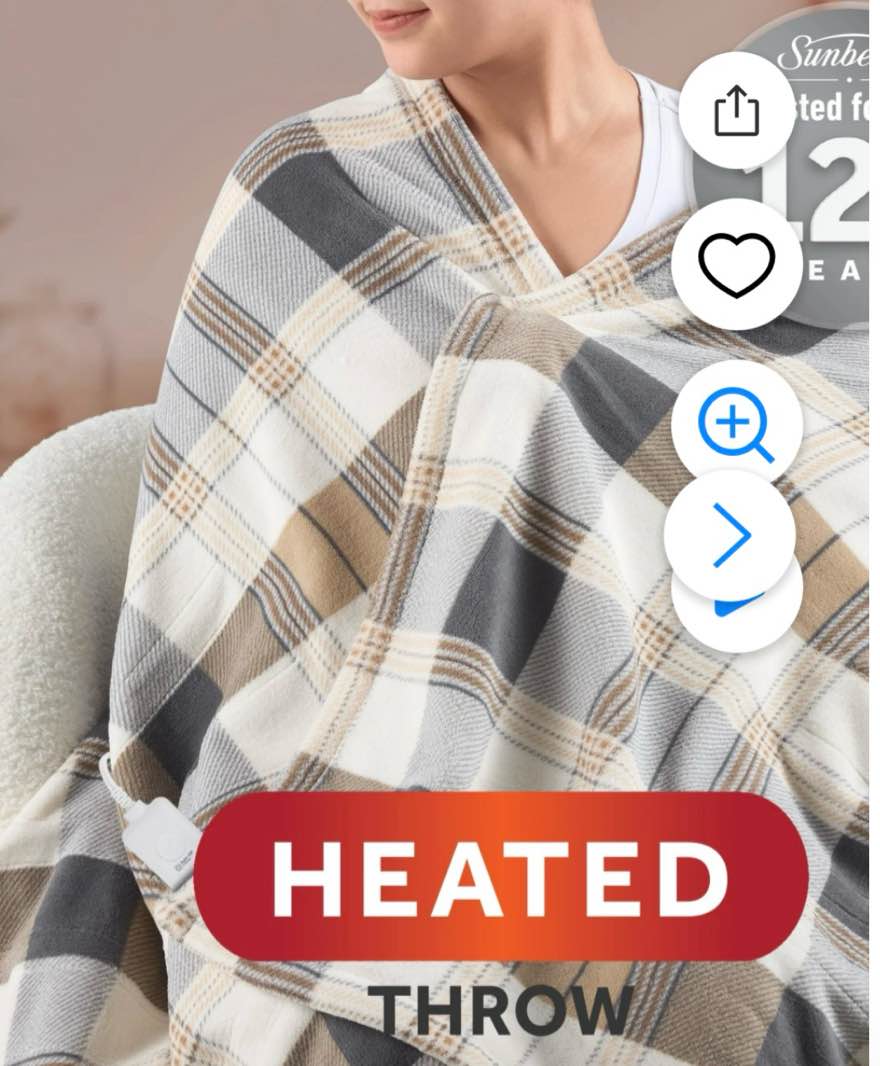 sunbeam electric heated throw blanket neutral plaid microplush