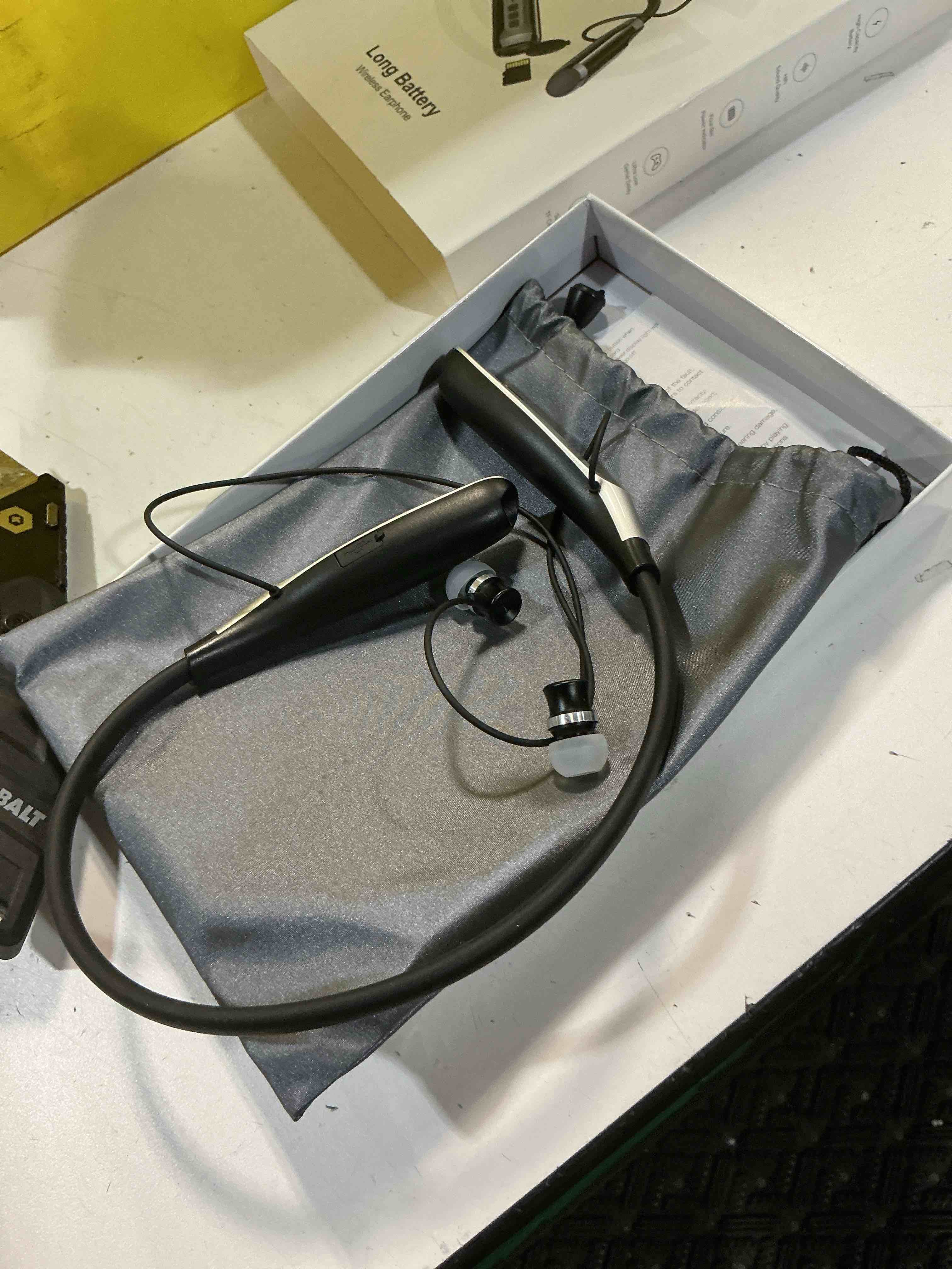 Condition photo showing Good Condition for neckband bluetooth headphones?6.0 bluetooth 120 hours playtime?ipx7 sports waterproof earbuds with microphone noise cancelling with tf card slot ?hifi stereo (black)