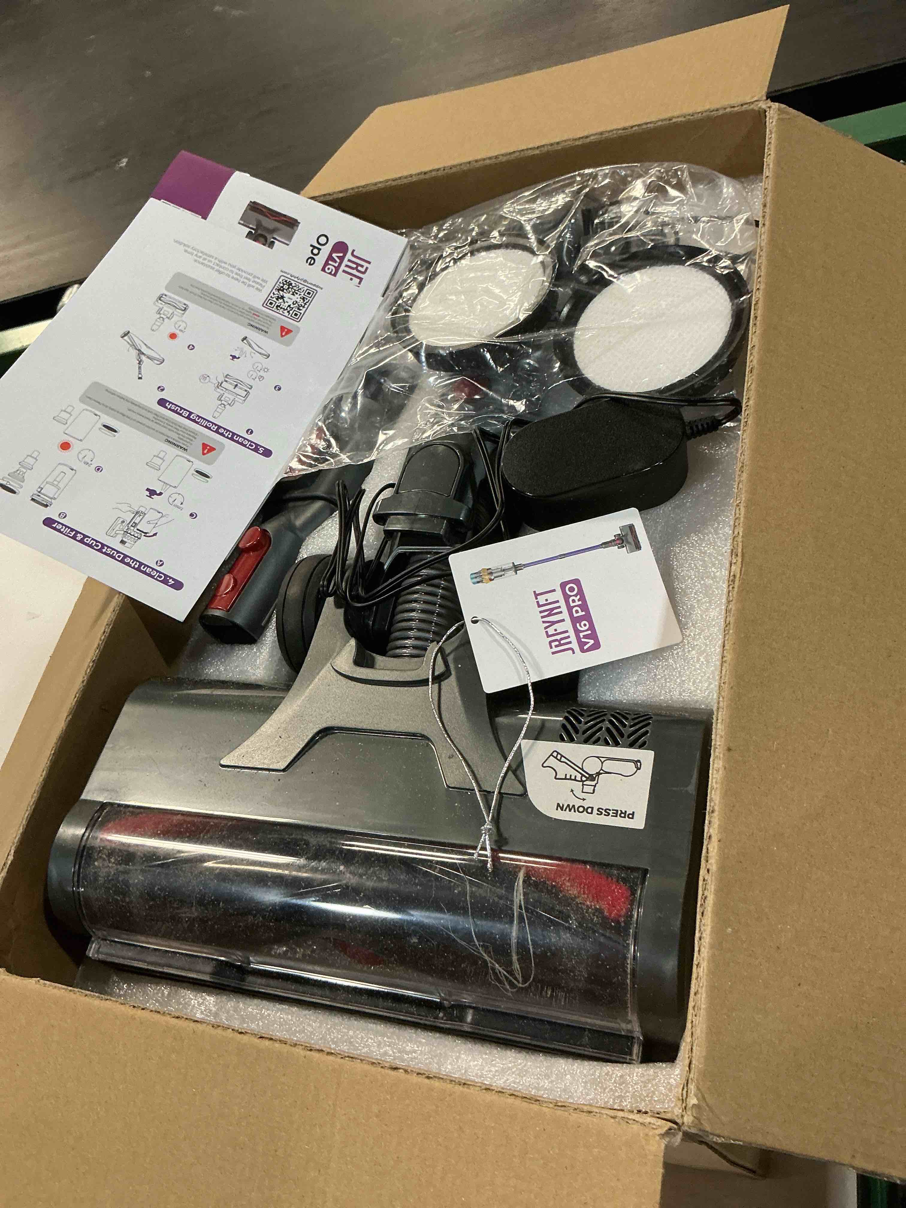 Condition photo showing As Is for cordless vacuum cleaner, 650w 55kpa 70min powerful vacuum cleaners for home, self-standing stick vacuum cordless rechargeable/ anti-tangle/oled screen/1.8l cup for home pet hair/carpet/hardwood floor purple