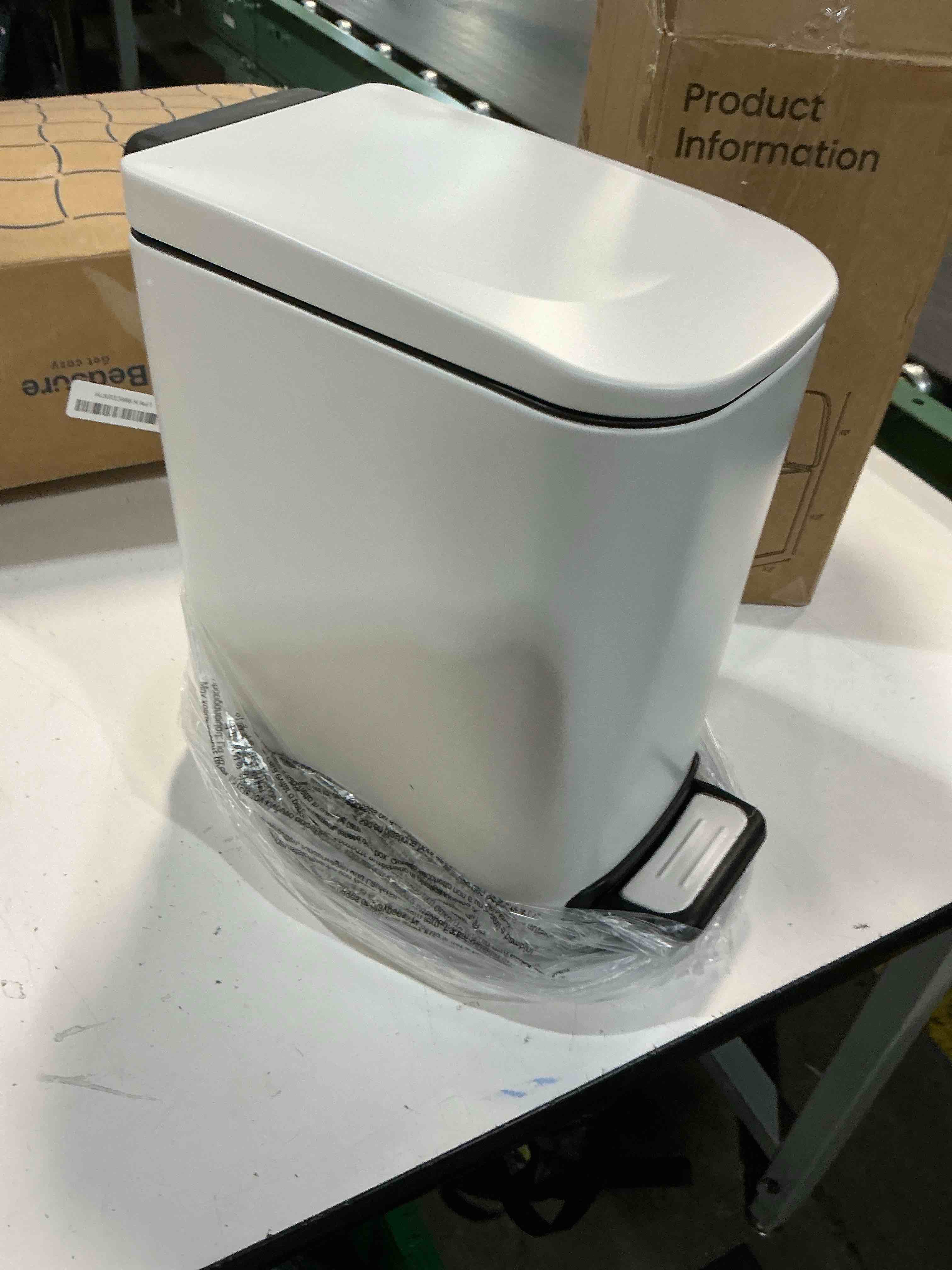 Condition photo showing New/Like New for cesun small bathroom trash can with lid soft close, step pedal, 6 liter / 1.6 gallon stainless steel slim garbage can for bedroom, diaper waste basket with removable inner bucket (white)