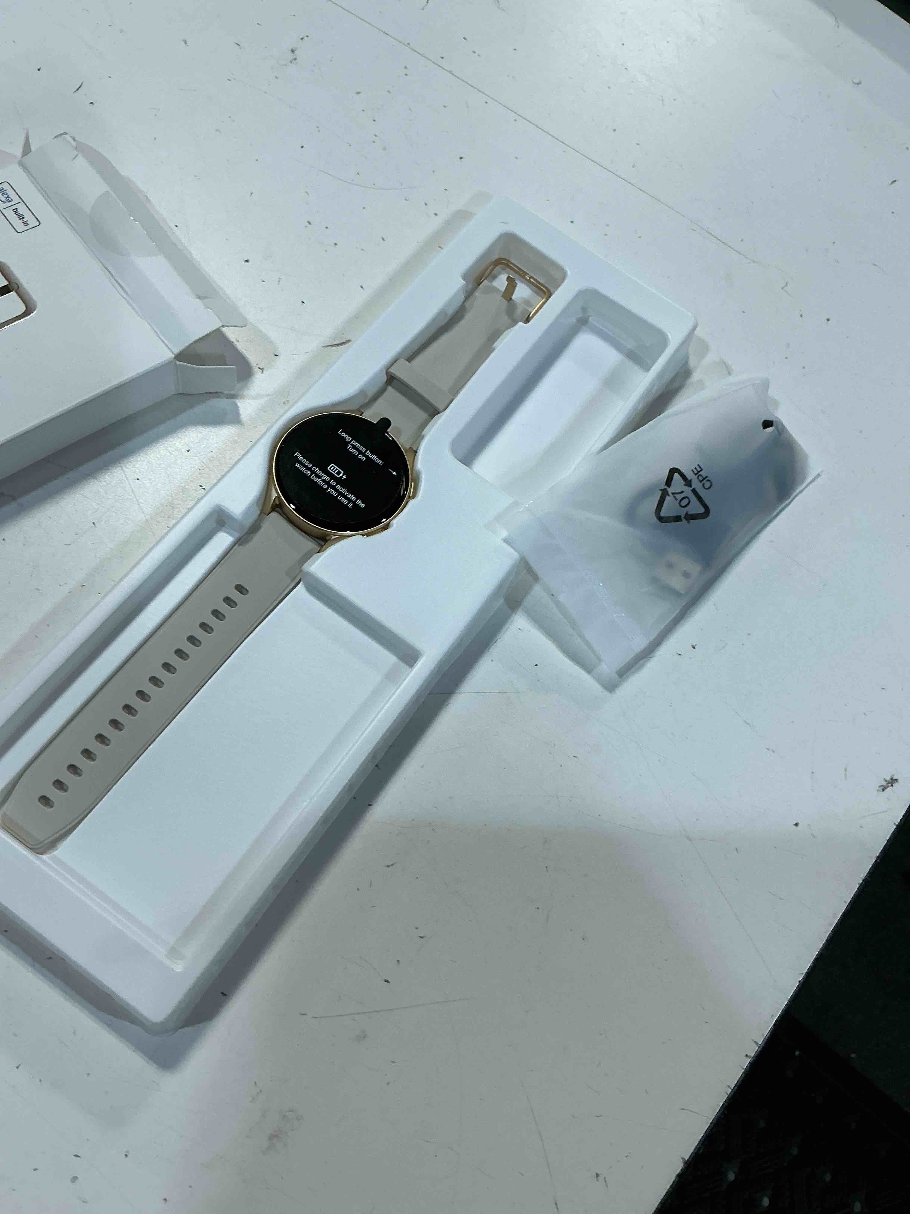 Condition photo showing New/Like New for smart watch for women with built-in gps & alexa (make/answer call), 1.32" amoled fitness tracker with altimeter compass for hiking running, hrv/sleep/spo2 monitor, 5atm waterproof for iphone android gold 43mm case